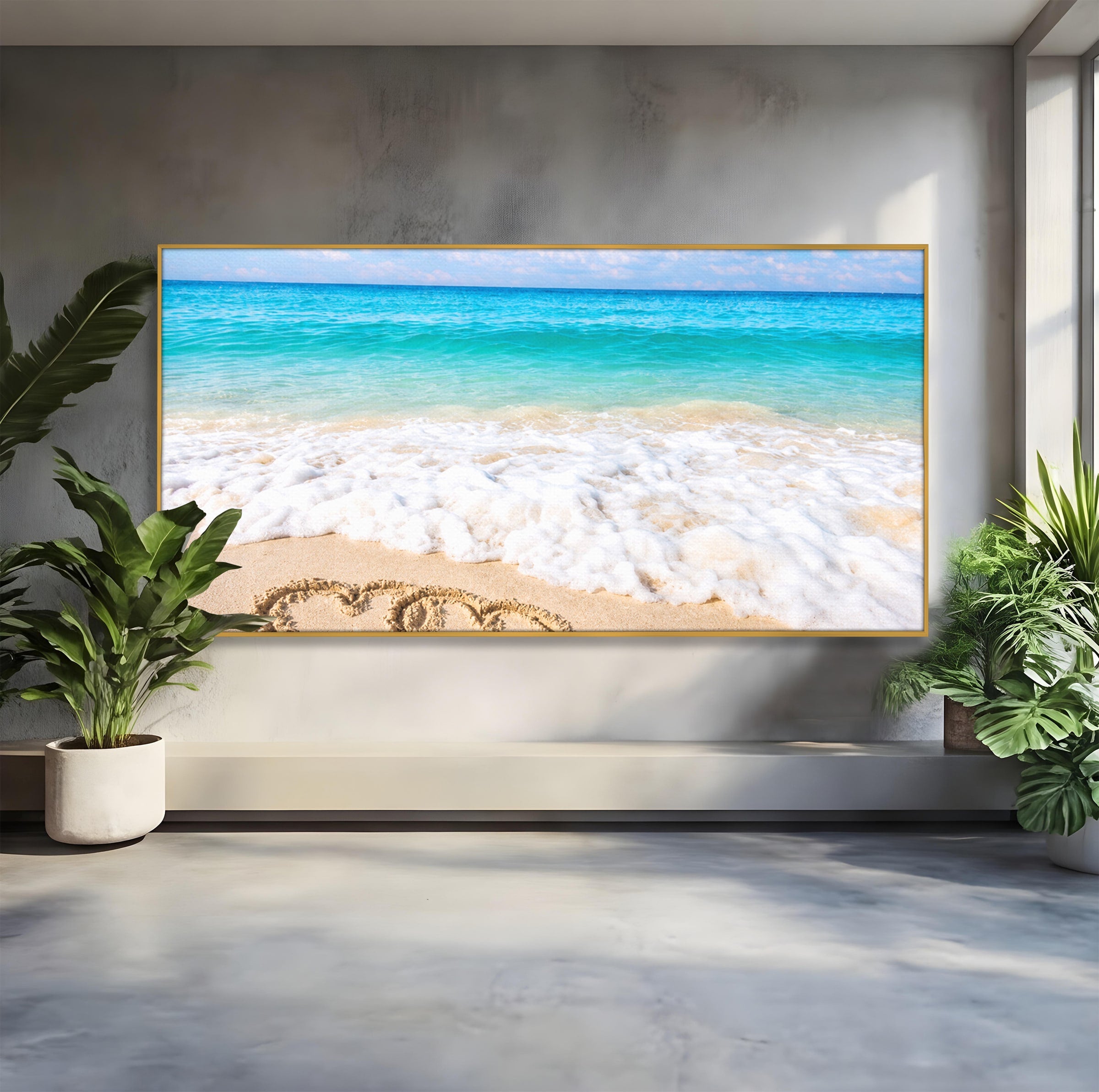 Tablou Canvas Premium LuxCanva® A1763, Inimi Pe Plaja, Inimi, Plaja, Ocean, Romantic, Living, Dormitor, Culori Vibrante