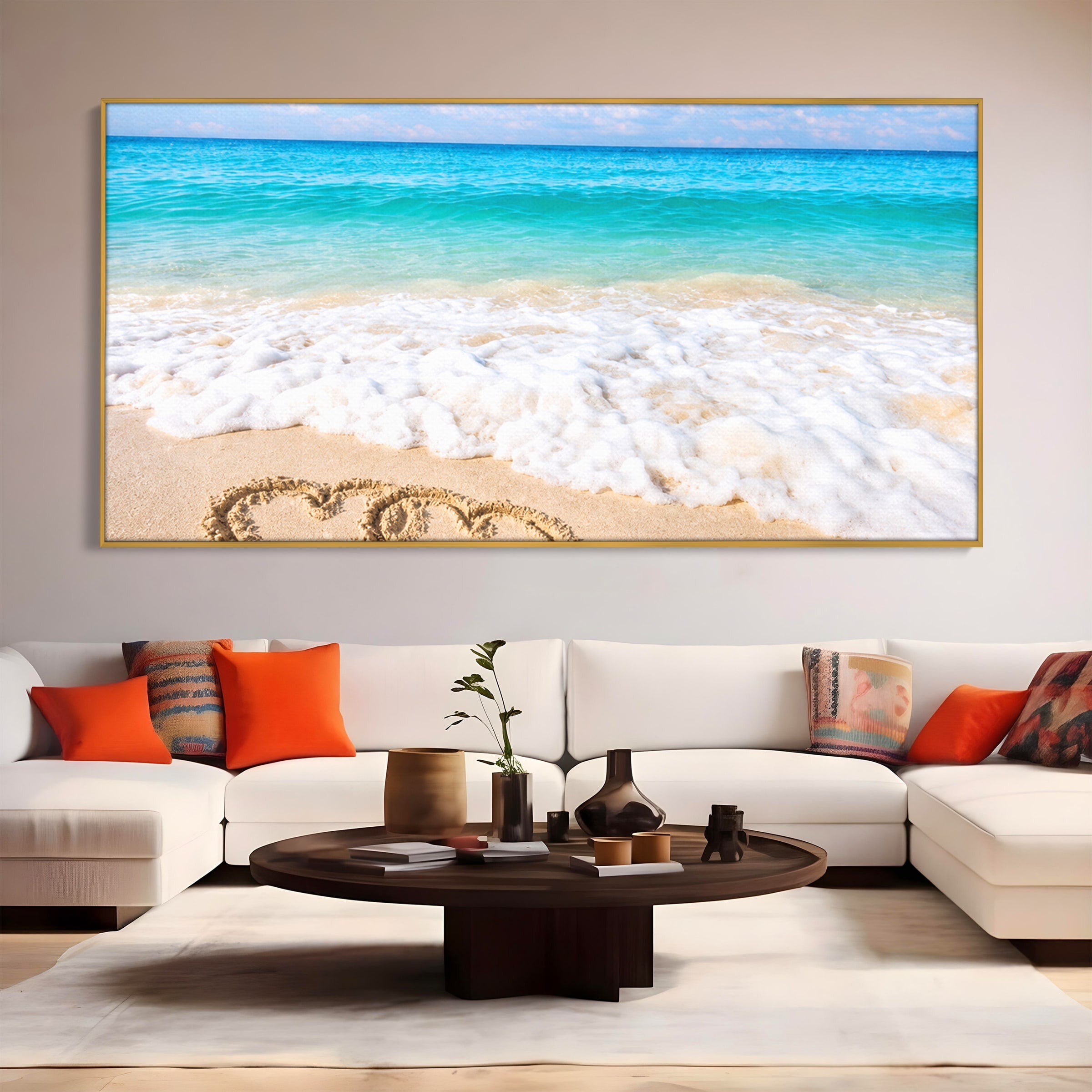 Tablou Canvas Premium LuxCanva® A1763, Inimi Pe Plaja, Inimi, Plaja, Ocean, Romantic, Living, Dormitor, Culori Vibrante