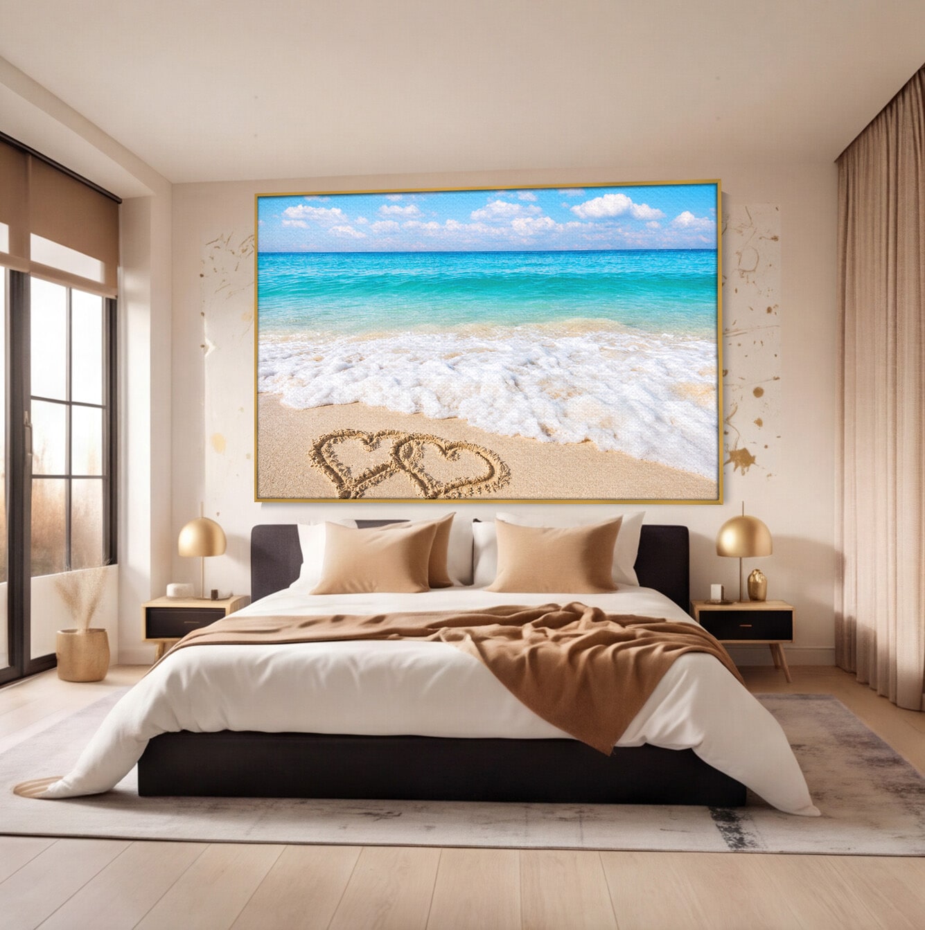 Tablou Canvas Premium LuxCanva® A1763, Inimi Pe Plaja, Inimi, Plaja, Ocean, Romantic, Living, Dormitor, Culori Vibrante
