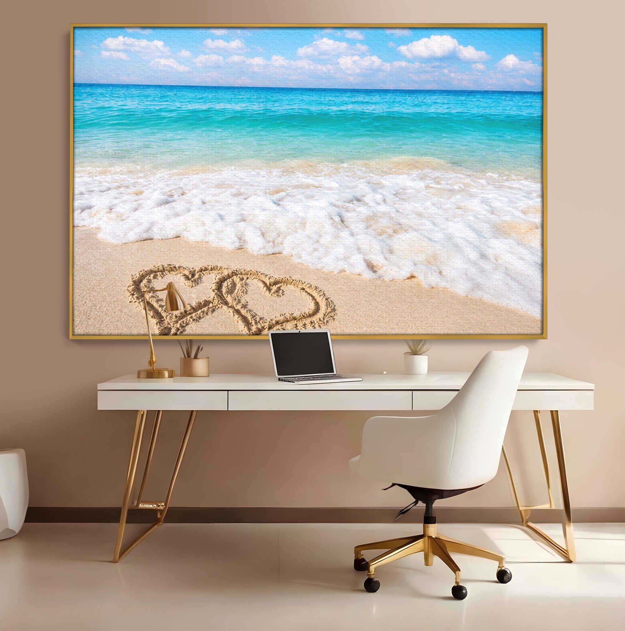 Tablou Canvas Premium LuxCanva® A1763, Inimi Pe Plaja, Inimi, Plaja, Ocean, Romantic, Living, Dormitor, Culori Vibrante