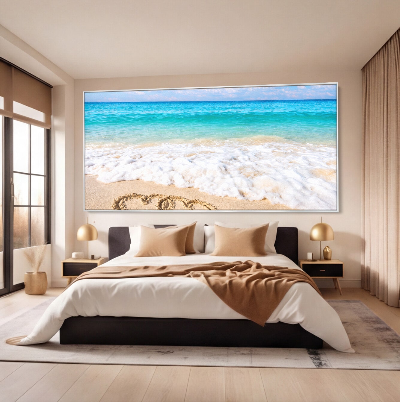 Tablou Canvas Premium LuxCanva® A1763, Inimi Pe Plaja, Inimi, Plaja, Ocean, Romantic, Living, Dormitor, Culori Vibrante