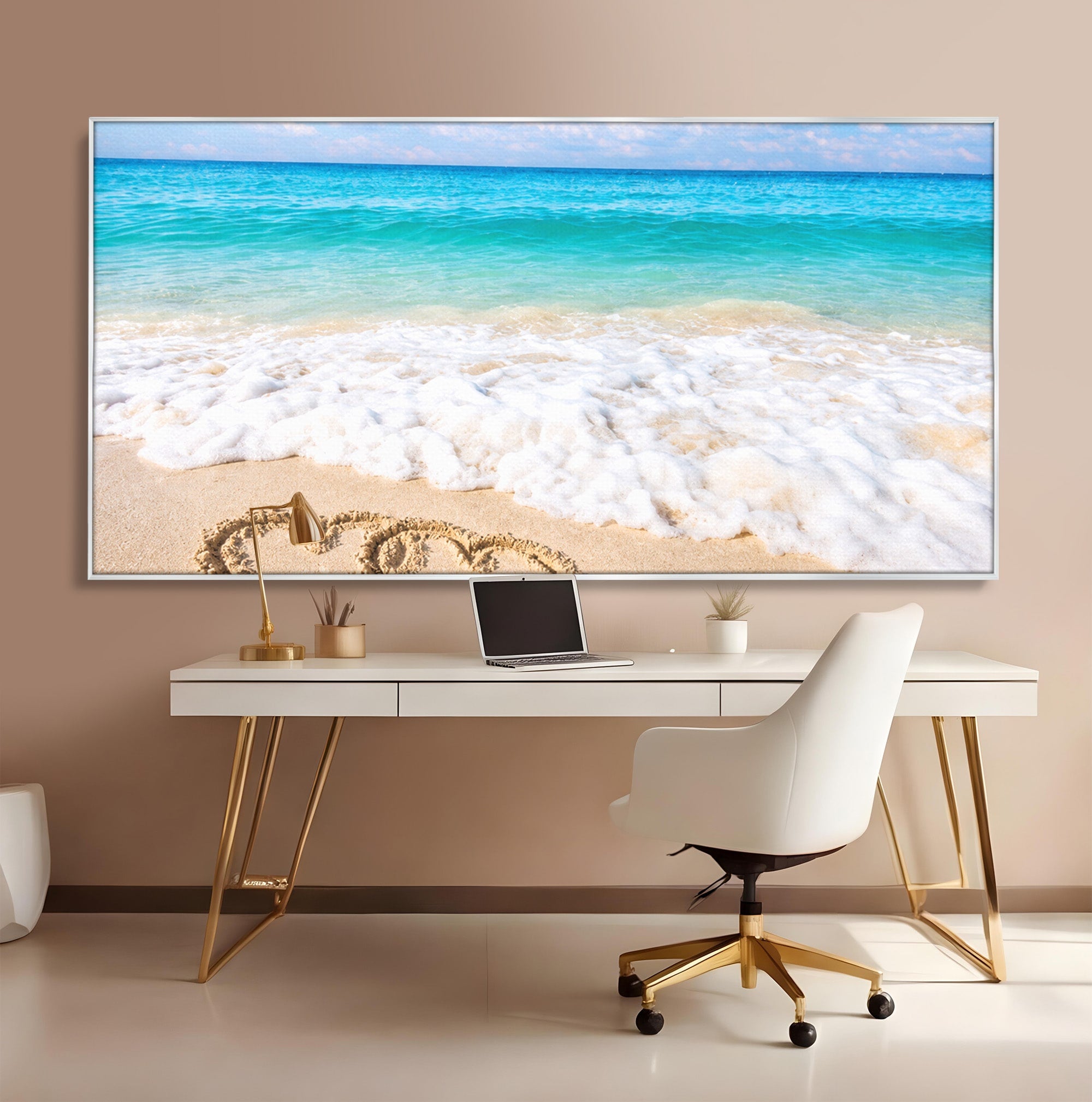 Tablou Canvas Premium LuxCanva® A1763, Inimi Pe Plaja, Inimi, Plaja, Ocean, Romantic, Living, Dormitor, Culori Vibrante