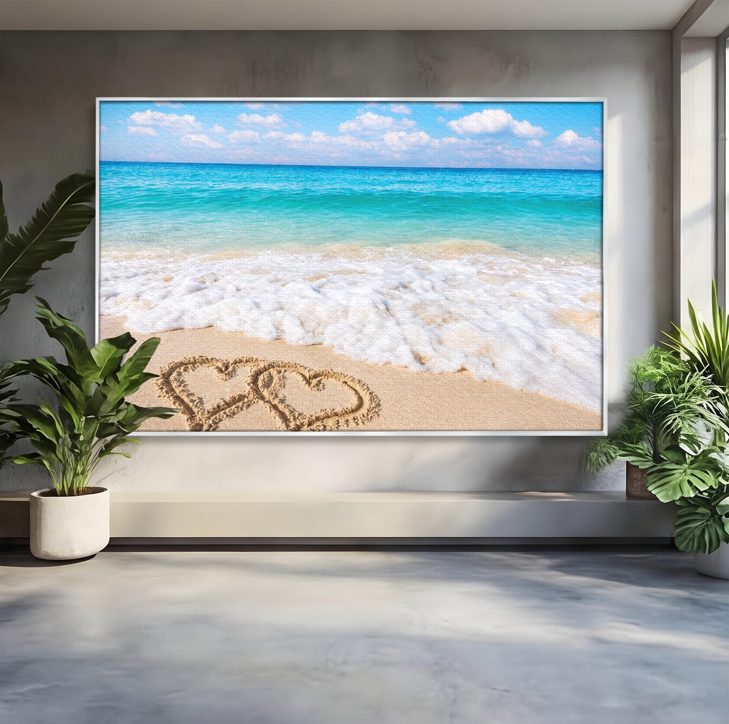 Tablou Canvas Premium LuxCanva® A1763, Inimi Pe Plaja, Inimi, Plaja, Ocean, Romantic, Living, Dormitor, Culori Vibrante