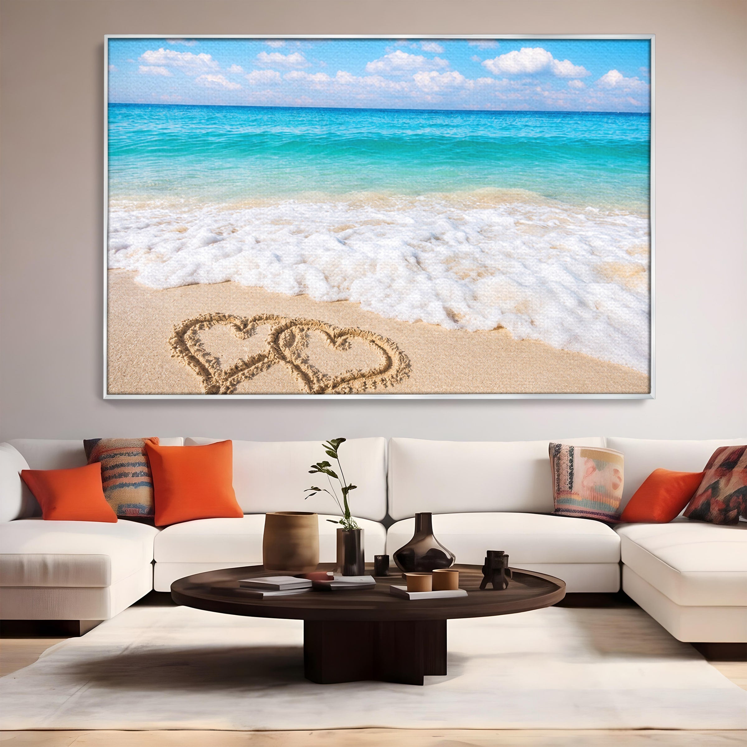 Tablou Canvas Premium LuxCanva® A1763, Inimi Pe Plaja, Inimi, Plaja, Ocean, Romantic, Living, Dormitor, Culori Vibrante