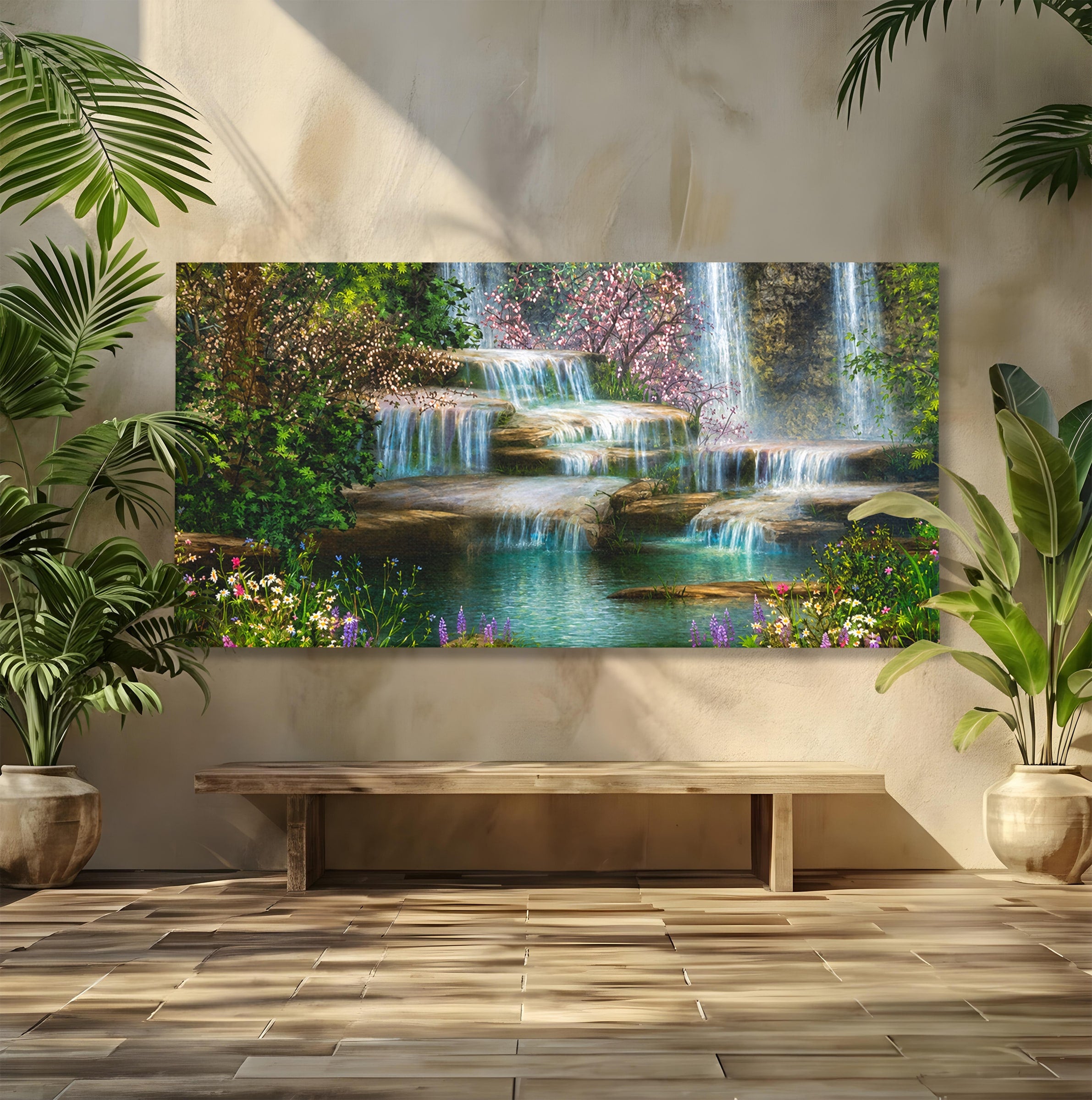 Tablou Canvas Premium LuxCanva® A1764, Cascade De Primavara, Cascade, Primavara, Natura, Gradina, Living, Culori Vibrante