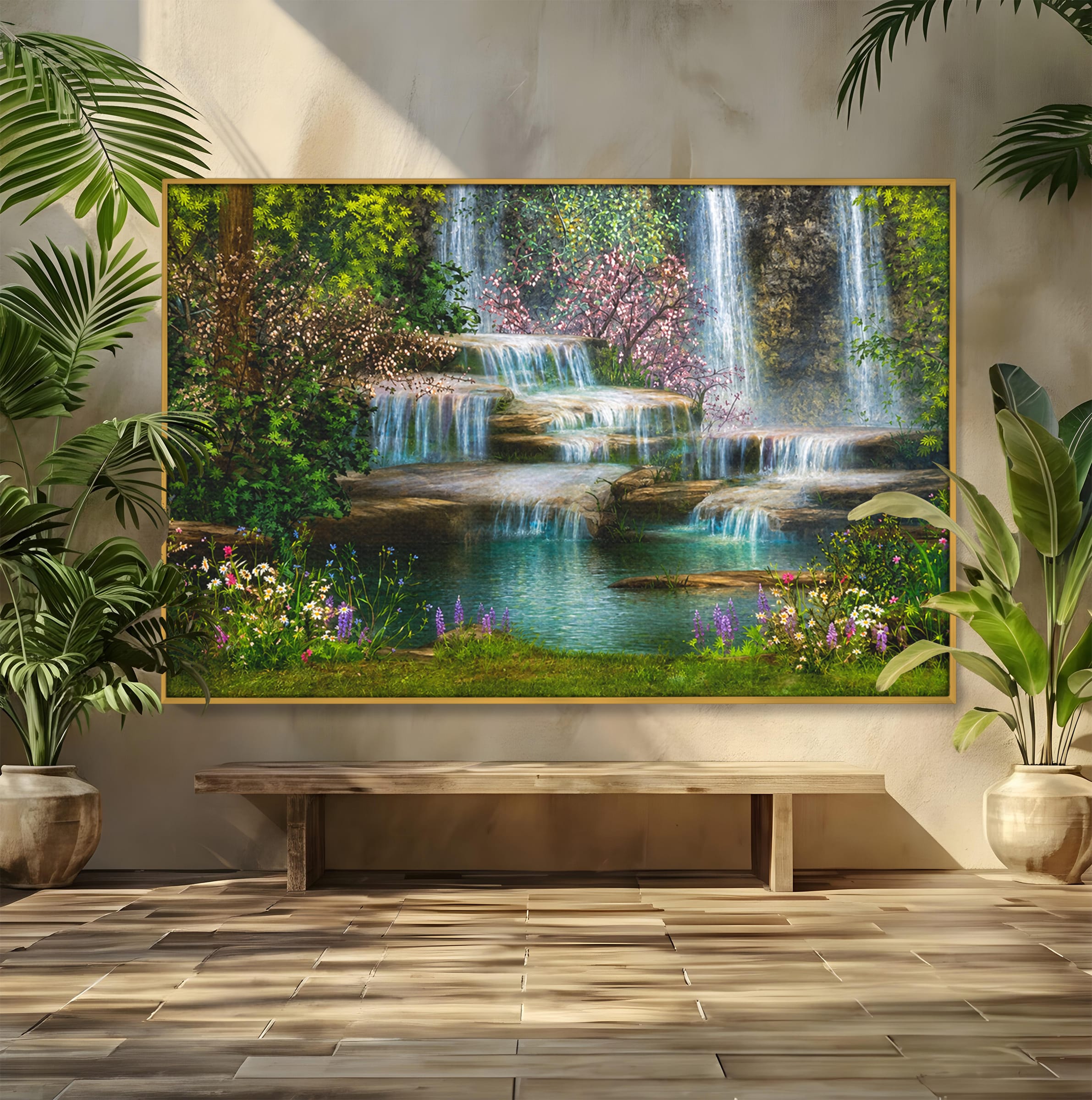 Tablou Canvas Premium LuxCanva® A1764, Cascade De Primavara, Cascade, Primavara, Natura, Gradina, Living, Culori Vibrante