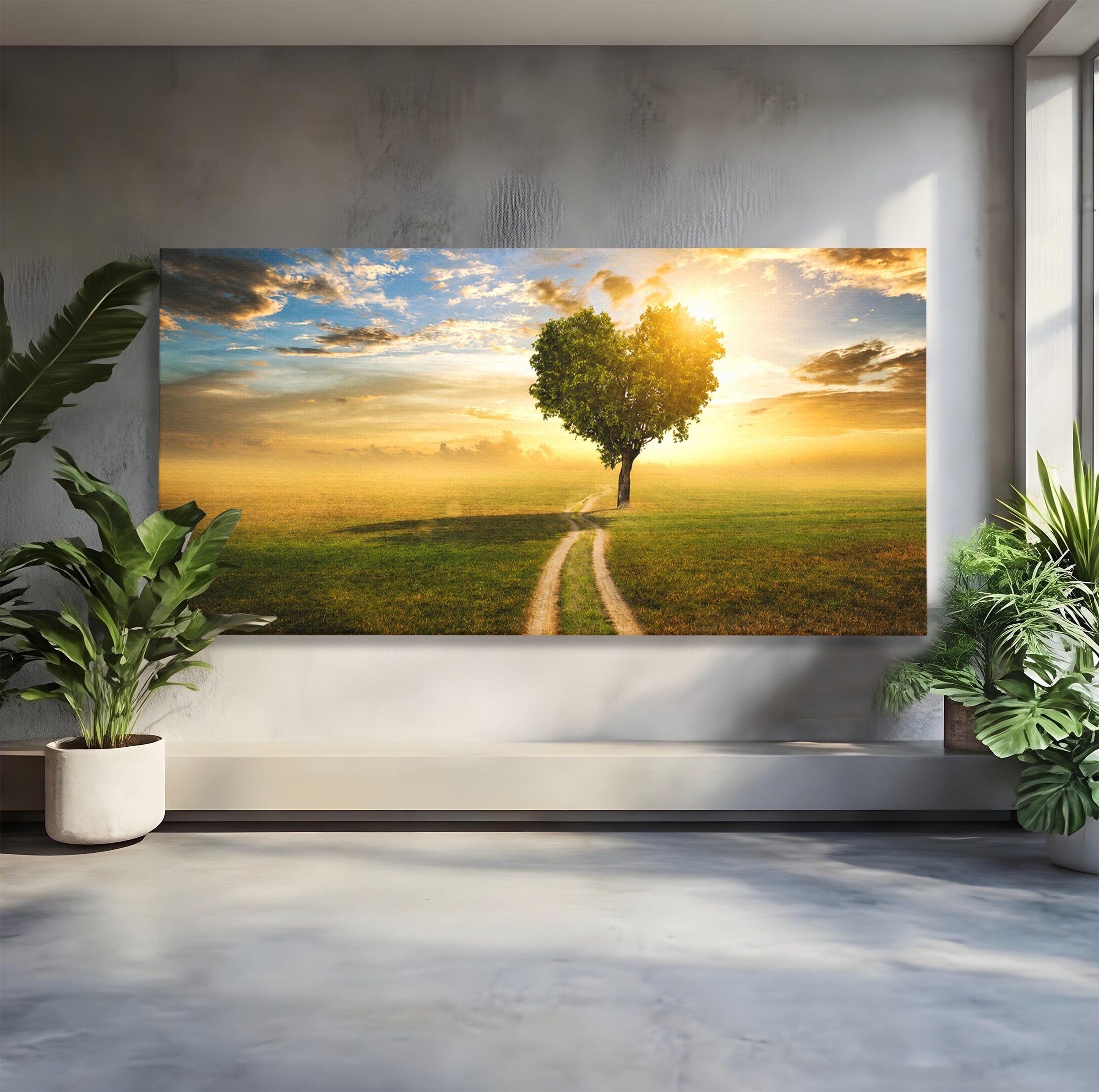 Tablou Canvas Premium LuxCanva® A1767, Drumul Spre Inima Naturii, Copac, Peisaj, Apus, Natura, Living, Culori Vibrante