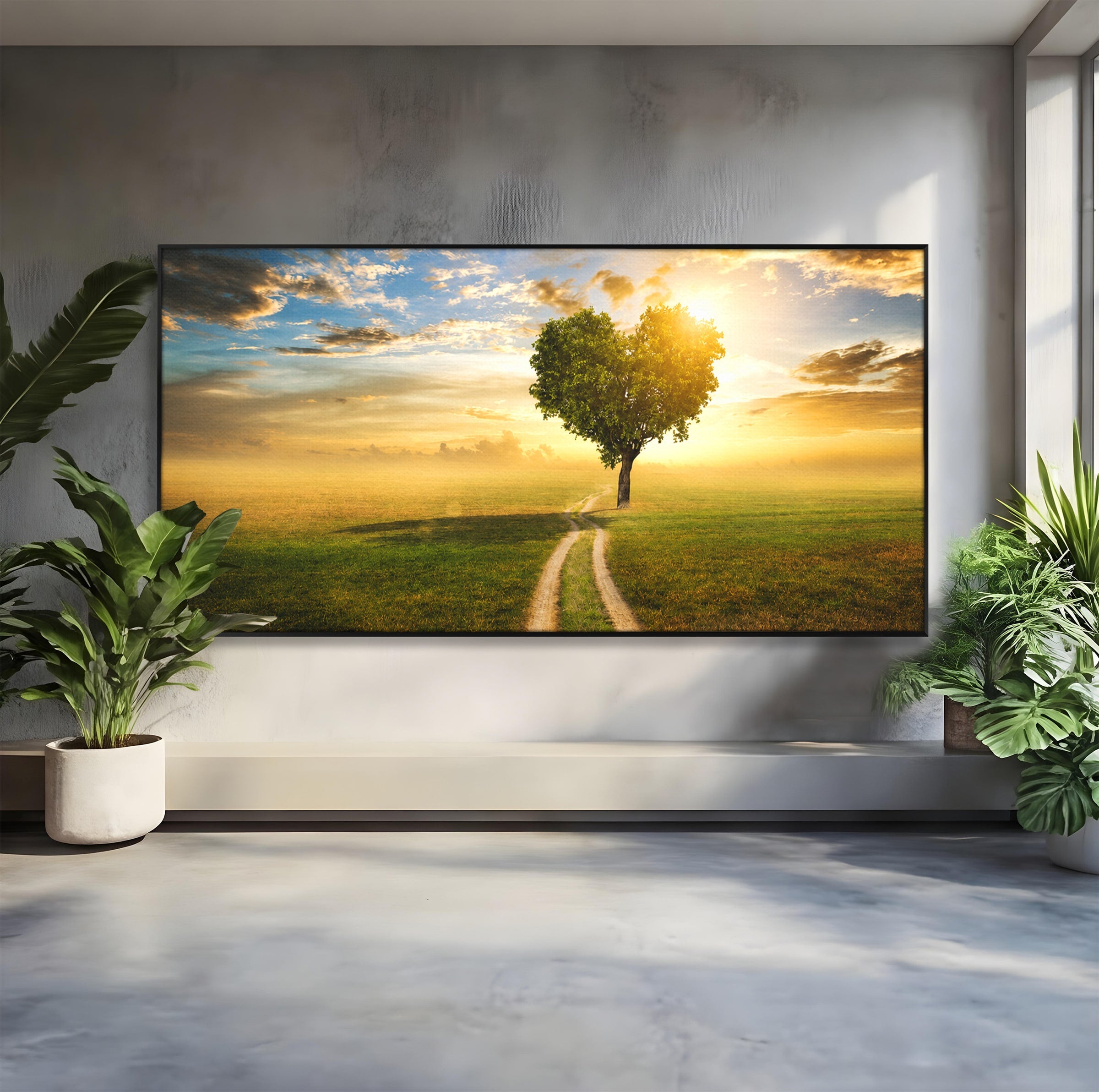 Tablou Canvas Premium LuxCanva® A1767, Drumul Spre Inima Naturii, Copac, Peisaj, Apus, Natura, Living, Culori Vibrante