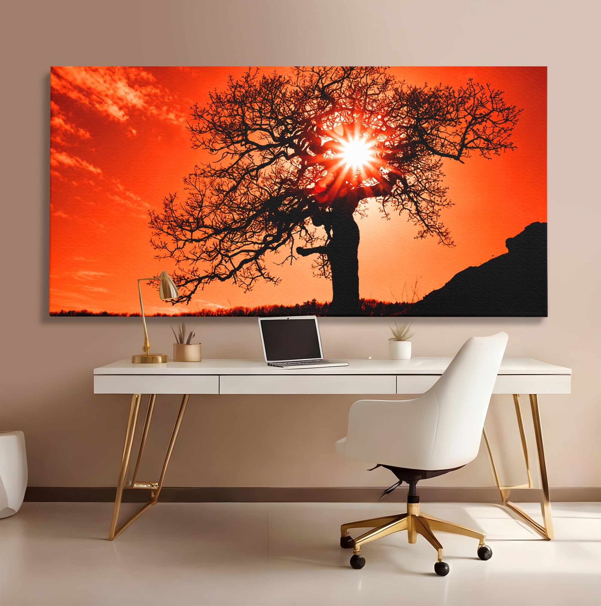 Tablou Canvas Premium LuxCanva® A1768, Silueta Arbore La Apus, Arbore, Apus, Silueta, Natura, Living, Culori Vibrante