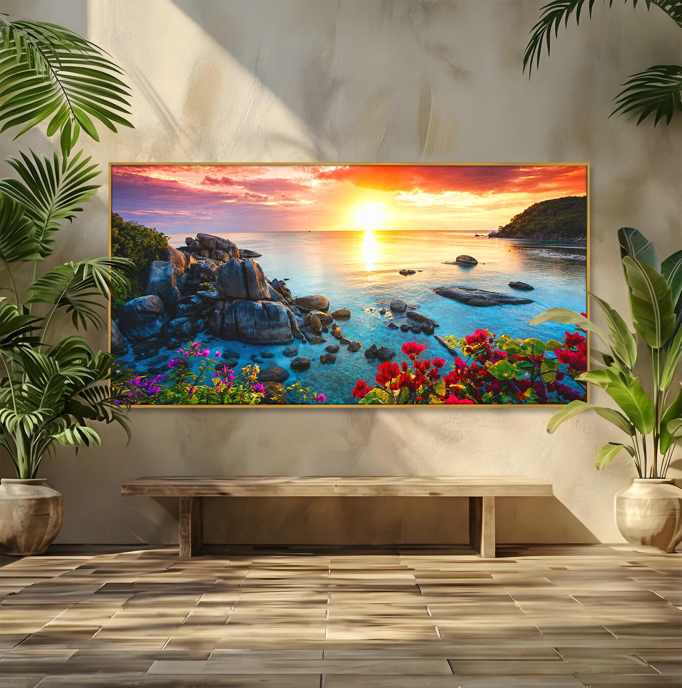 Tablou Canvas Premium LuxCanva® A1769, Apus Tropical, Apus, Plaja, Mare, Natura, Relaxare, Living, Culori Vibrante