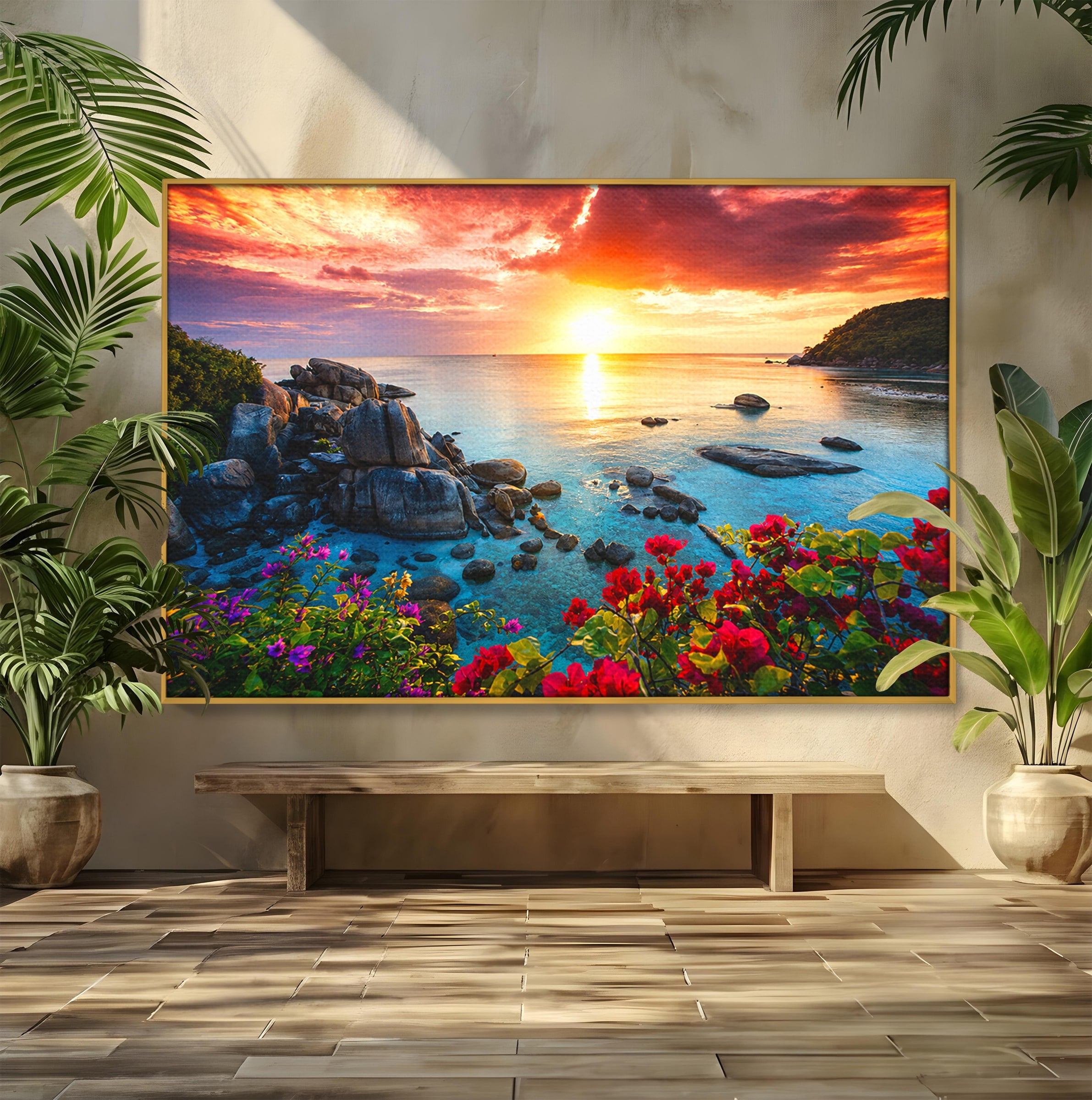 Tablou Canvas Premium LuxCanva® A1769, Apus Tropical, Apus, Plaja, Mare, Natura, Relaxare, Living, Culori Vibrante