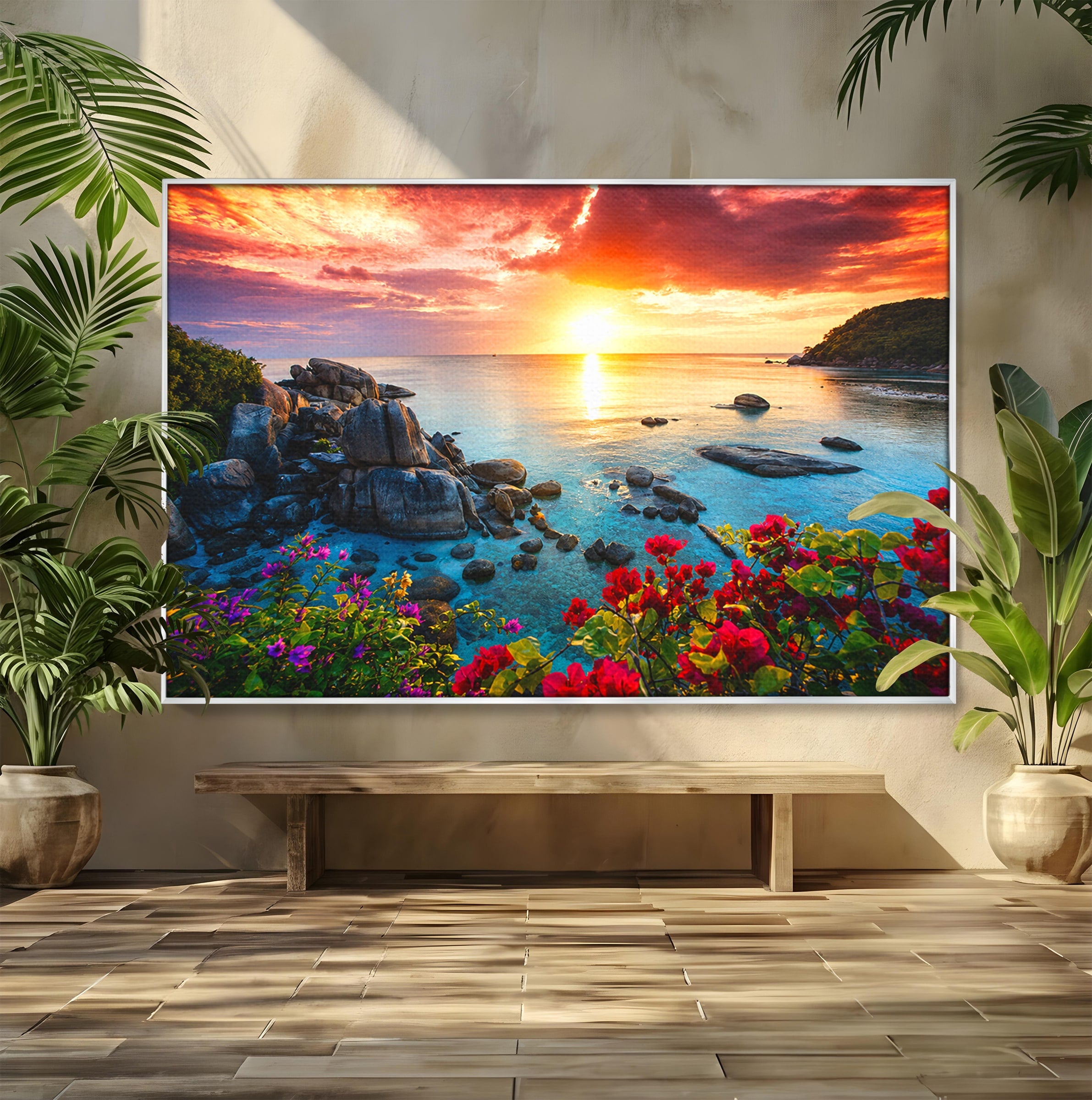Tablou Canvas Premium LuxCanva® A1769, Apus Tropical, Apus, Plaja, Mare, Natura, Relaxare, Living, Culori Vibrante