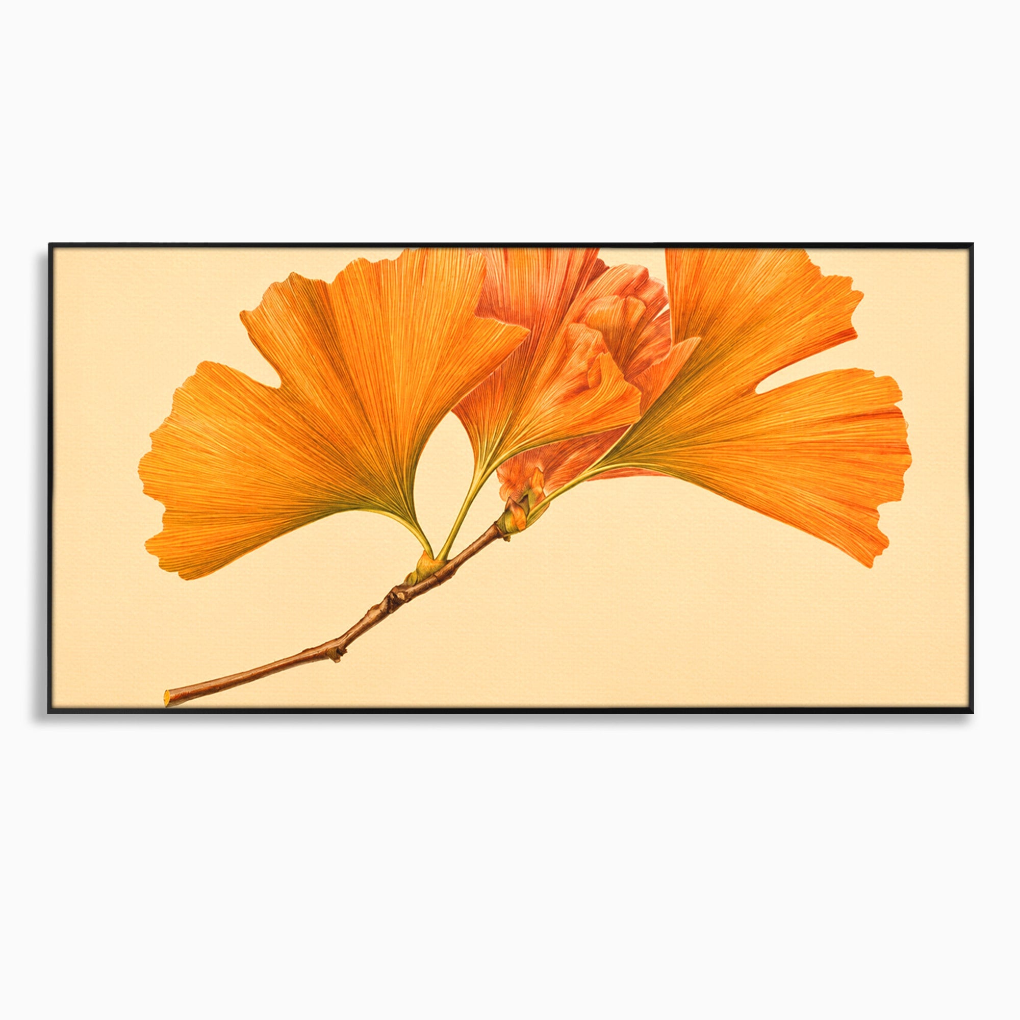 Tablou Canvas Premium LuxCanva® A1773, Frunze Gingko Portocalii, Frunze, Gingko, Natura, Minimalist, Dormitor, Culori Vibrante