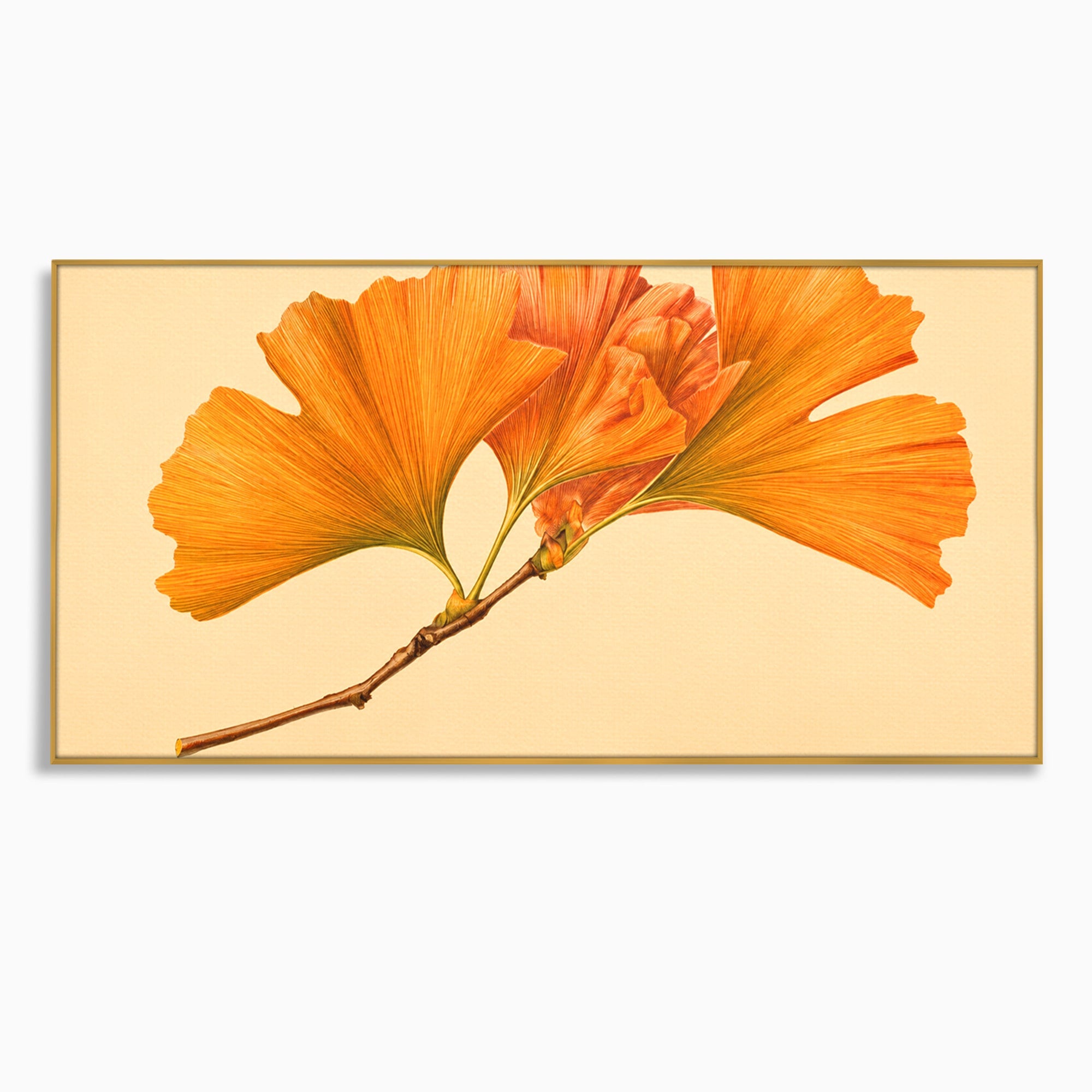 Tablou Canvas Premium LuxCanva® A1773, Frunze Gingko Portocalii, Frunze, Gingko, Natura, Minimalist, Dormitor, Culori Vibrante