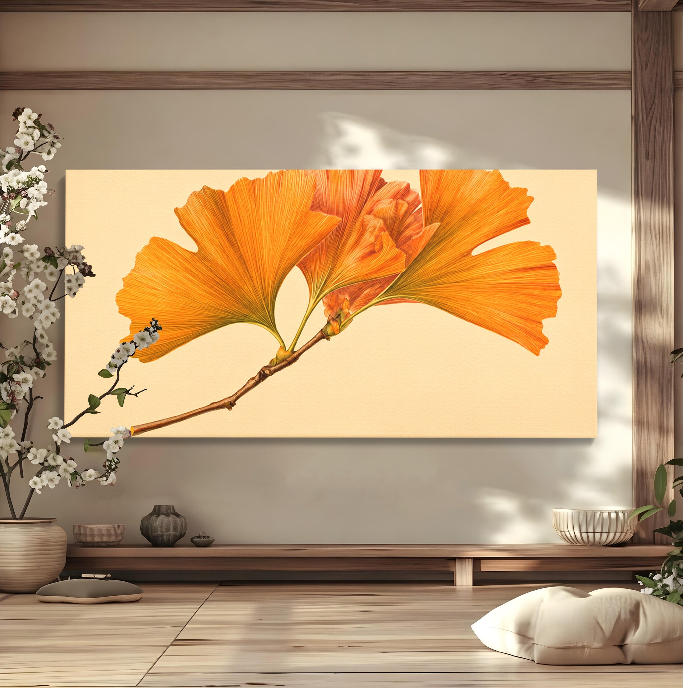 Tablou Canvas Premium LuxCanva® A1773, Frunze Gingko Portocalii, Frunze, Gingko, Natura, Minimalist, Dormitor, Culori Vibrante