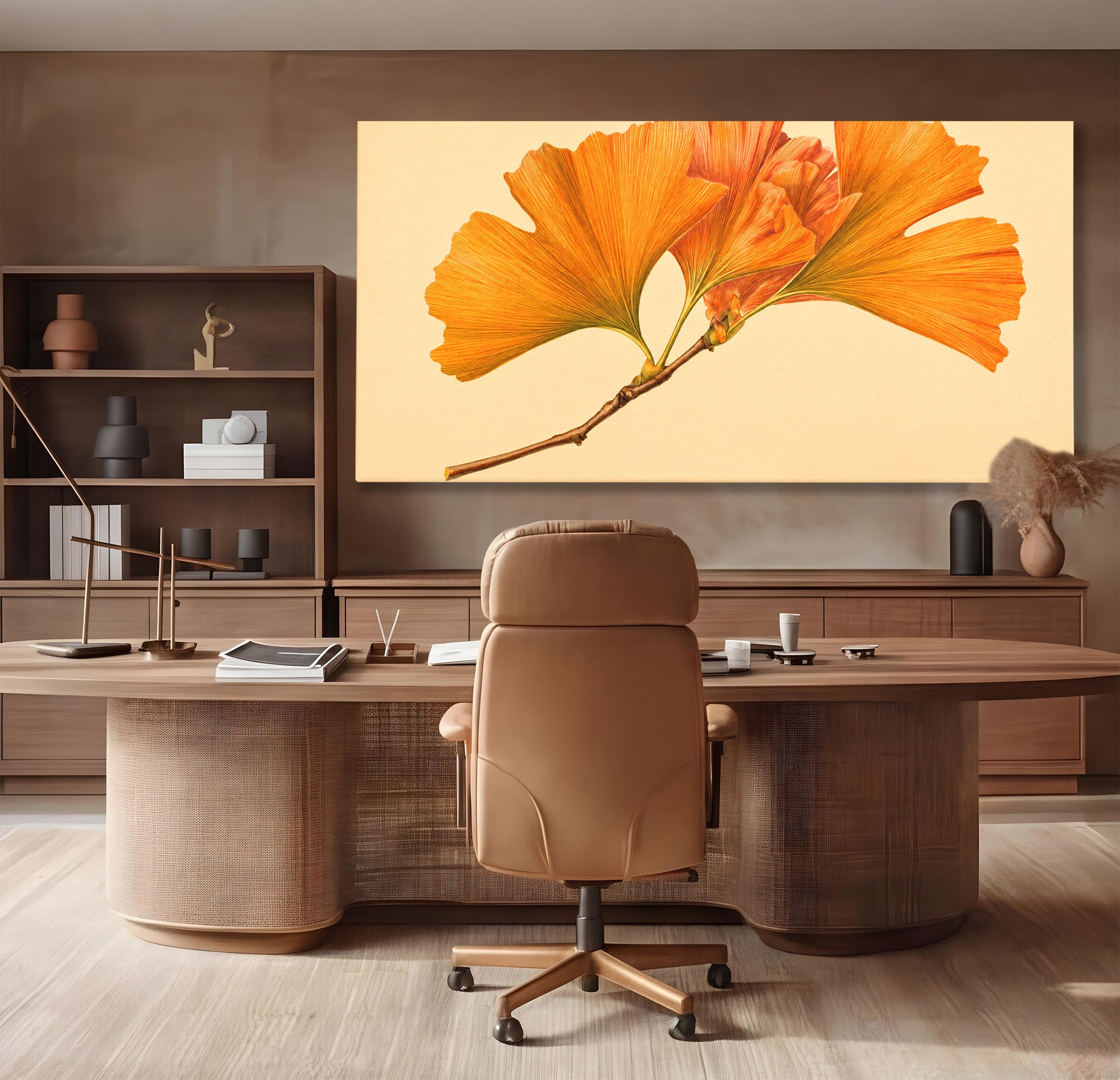 Tablou Canvas Premium LuxCanva® A1773, Frunze Gingko Portocalii, Frunze, Gingko, Natura, Minimalist, Dormitor, Culori Vibrante
