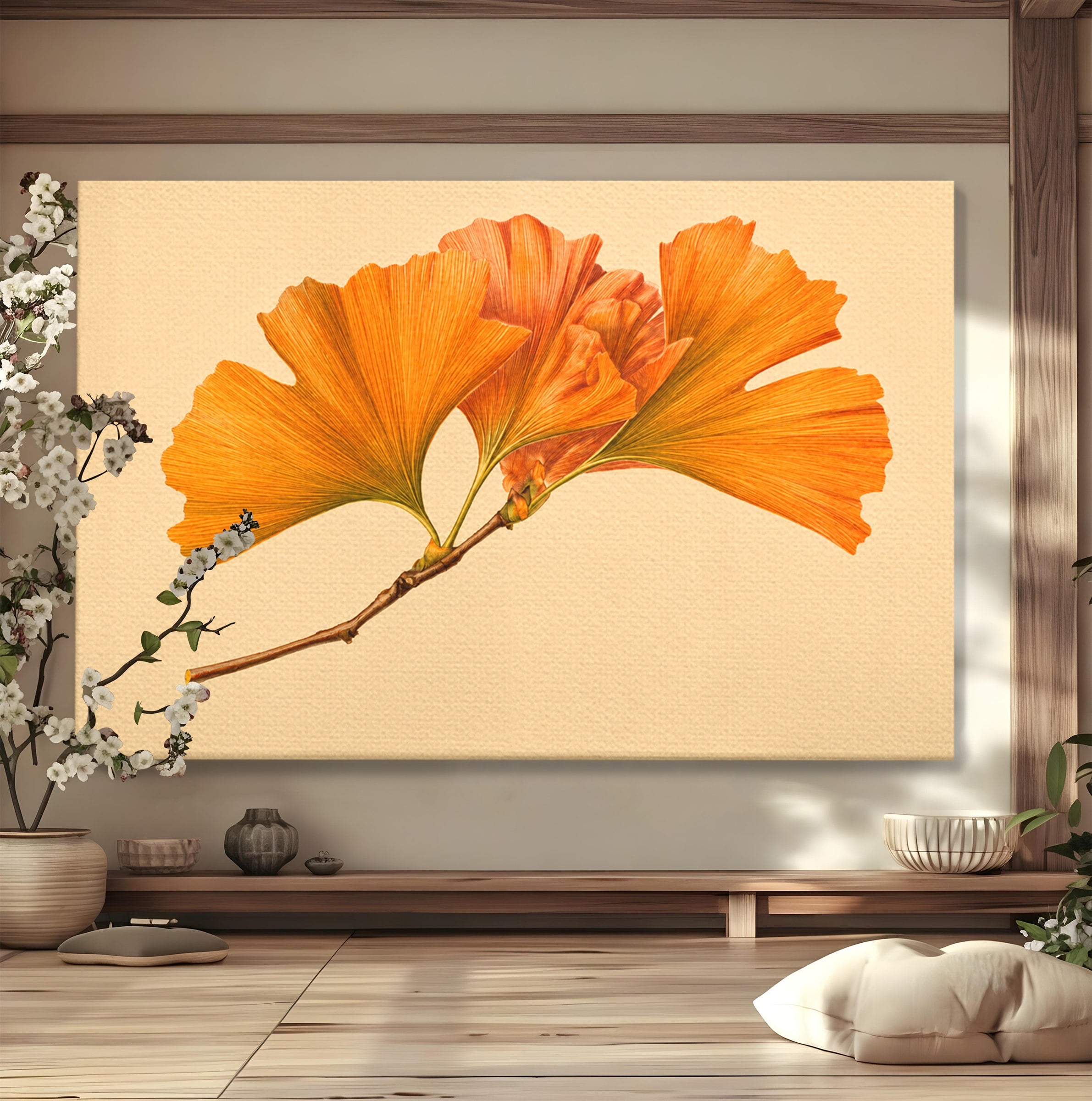 Tablou Canvas Premium LuxCanva® A1773, Frunze Gingko Portocalii, Frunze, Gingko, Natura, Minimalist, Dormitor, Culori Vibrante