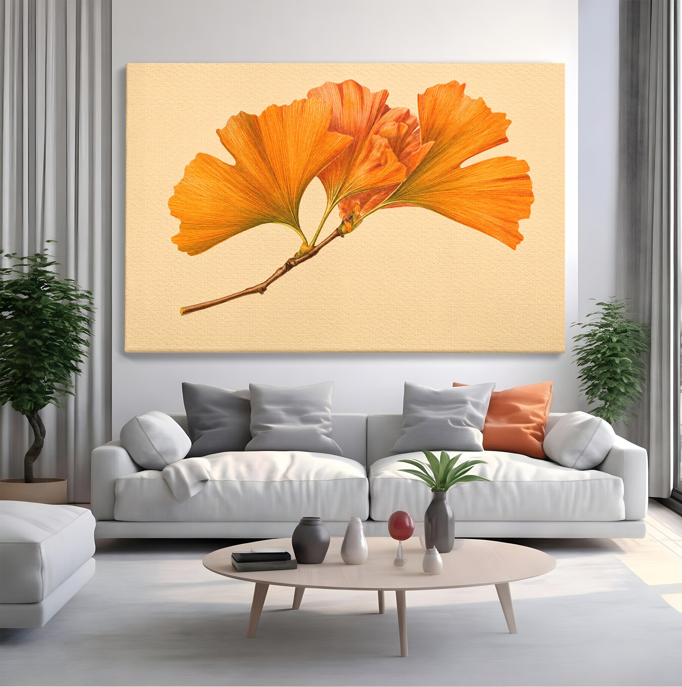 Tablou Canvas Premium LuxCanva® A1773, Frunze Gingko Portocalii, Frunze, Gingko, Natura, Minimalist, Dormitor, Culori Vibrante