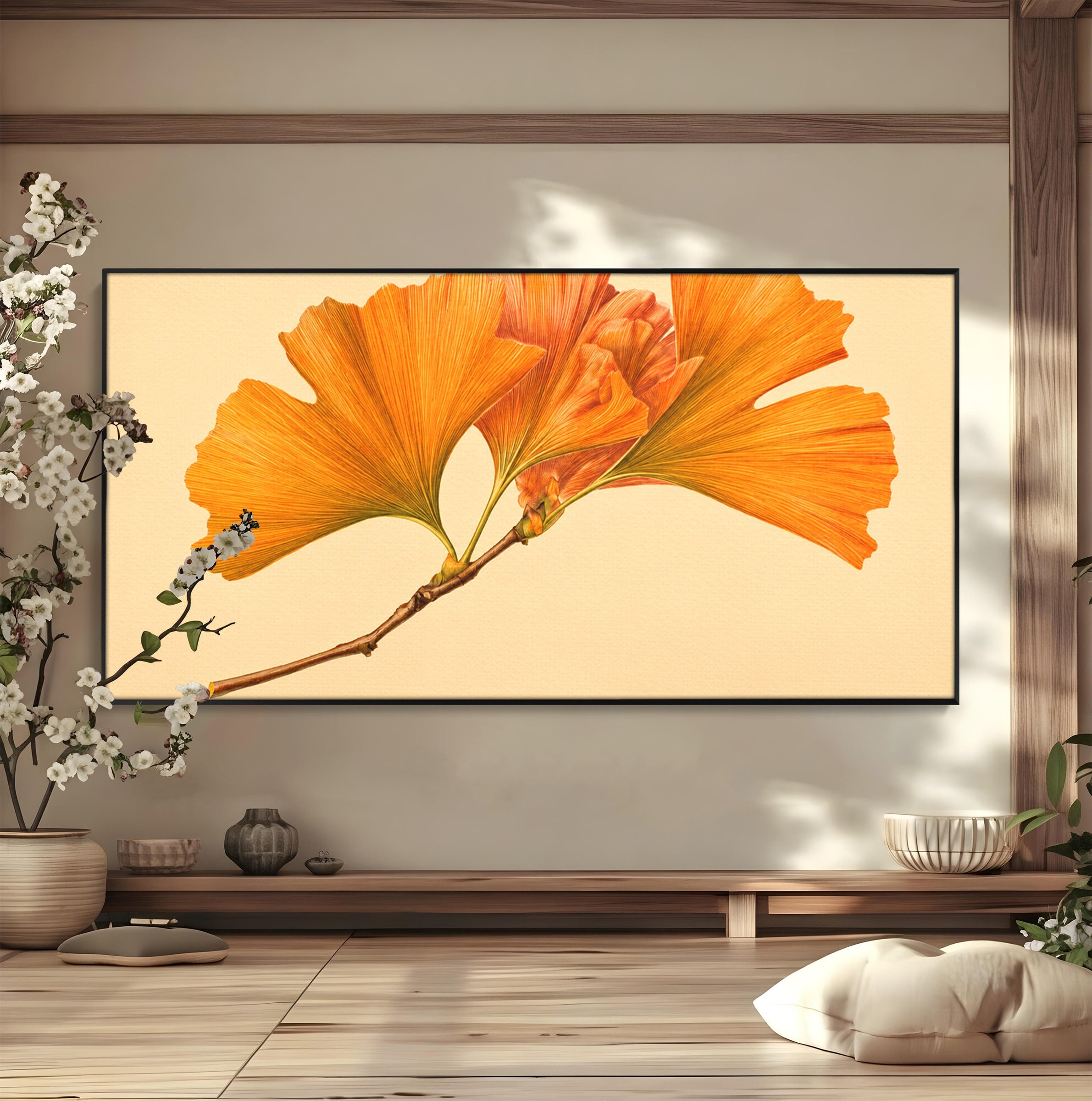 Tablou Canvas Premium LuxCanva® A1773, Frunze Gingko Portocalii, Frunze, Gingko, Natura, Minimalist, Dormitor, Culori Vibrante