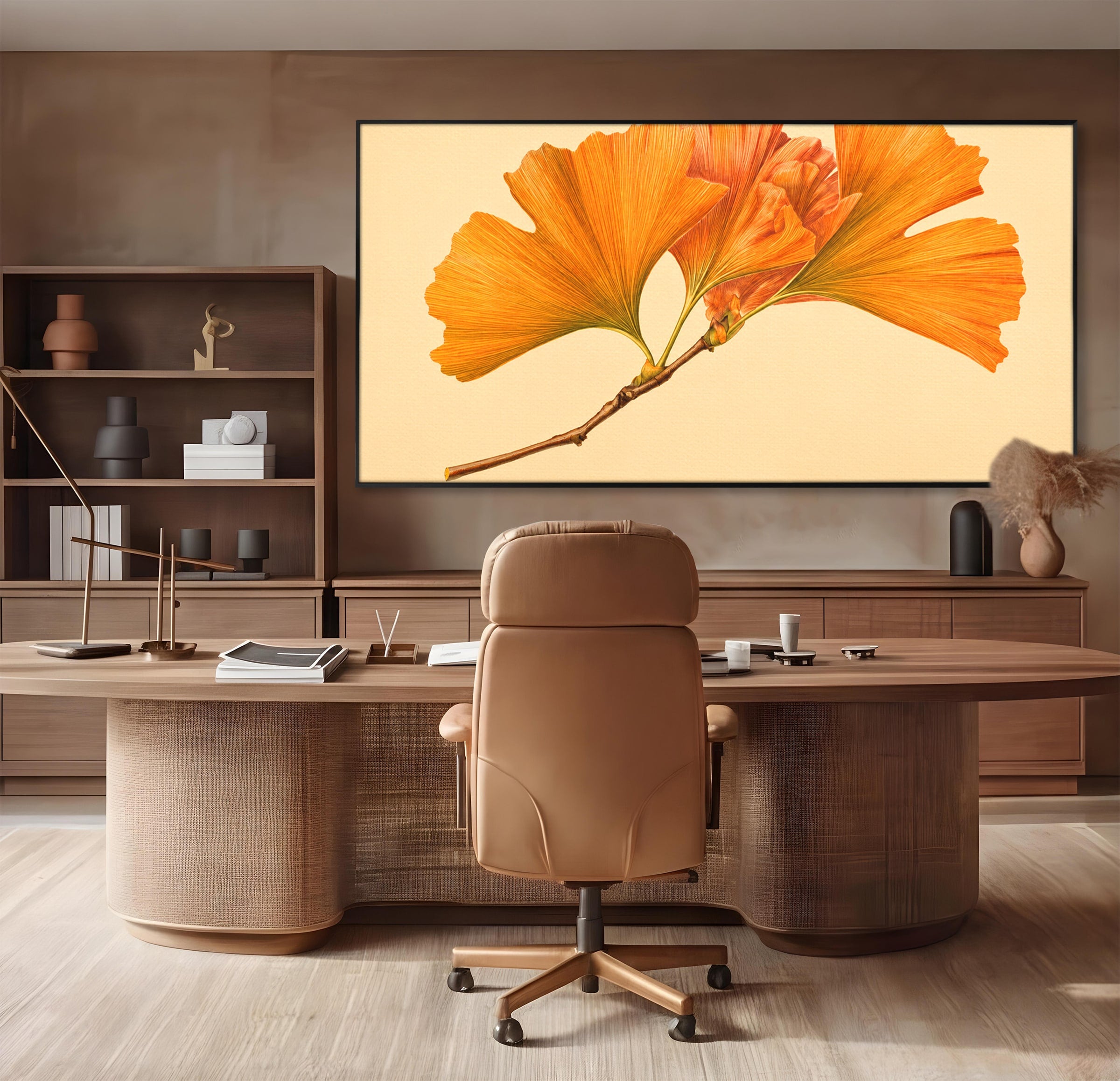 Tablou Canvas Premium LuxCanva® A1773, Frunze Gingko Portocalii, Frunze, Gingko, Natura, Minimalist, Dormitor, Culori Vibrante