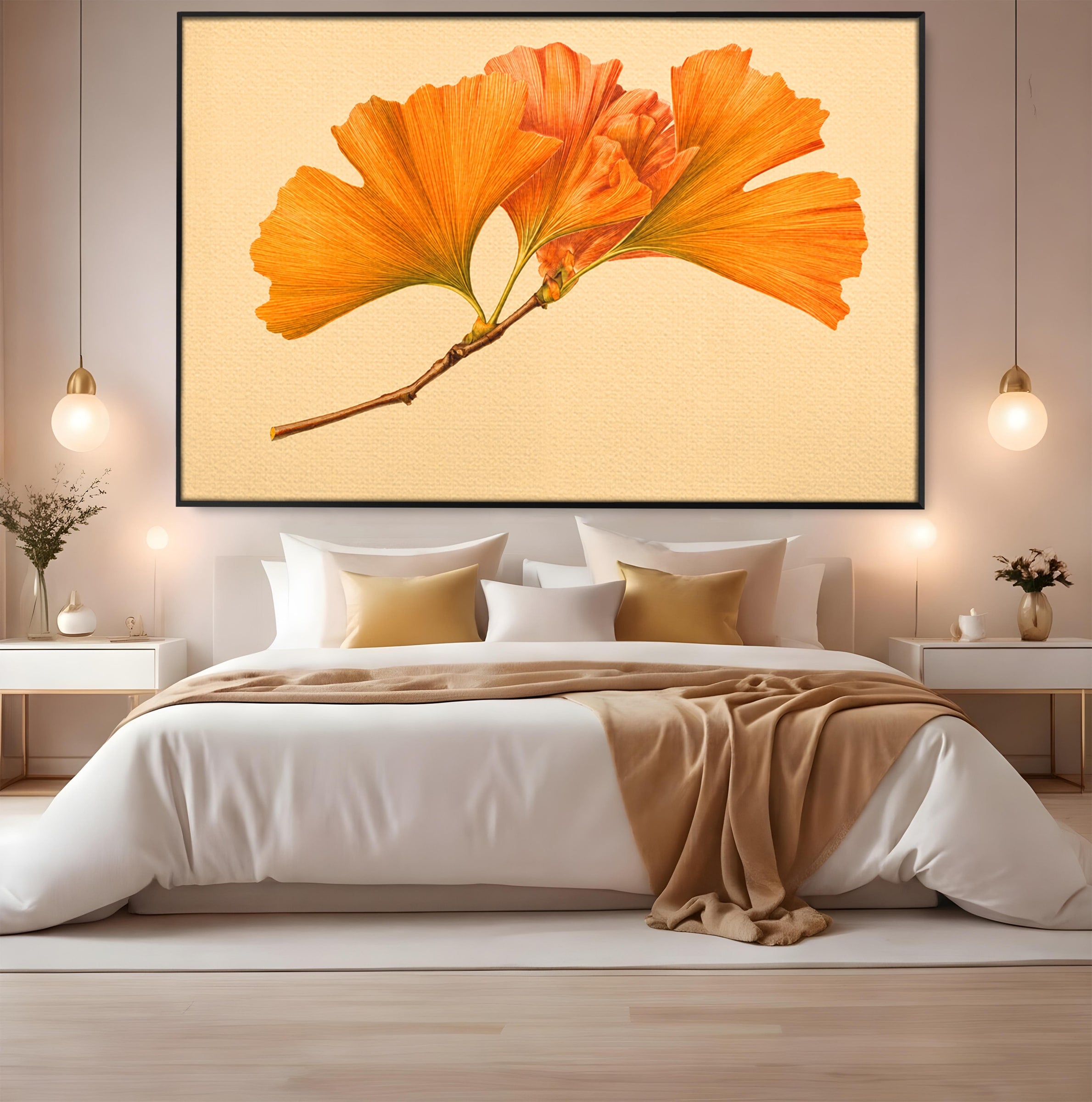 Tablou Canvas Premium LuxCanva® A1773, Frunze Gingko Portocalii, Frunze, Gingko, Natura, Minimalist, Dormitor, Culori Vibrante