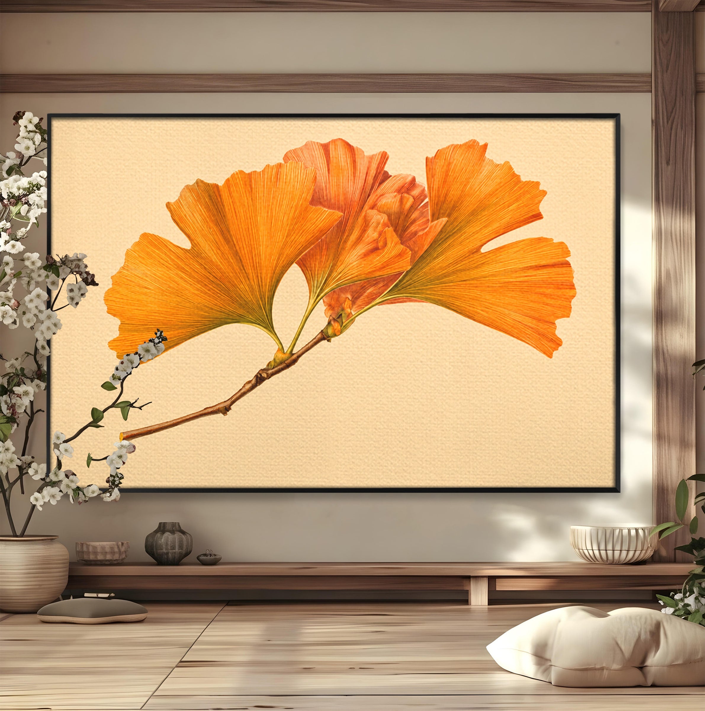 Tablou Canvas Premium LuxCanva® A1773, Frunze Gingko Portocalii, Frunze, Gingko, Natura, Minimalist, Dormitor, Culori Vibrante
