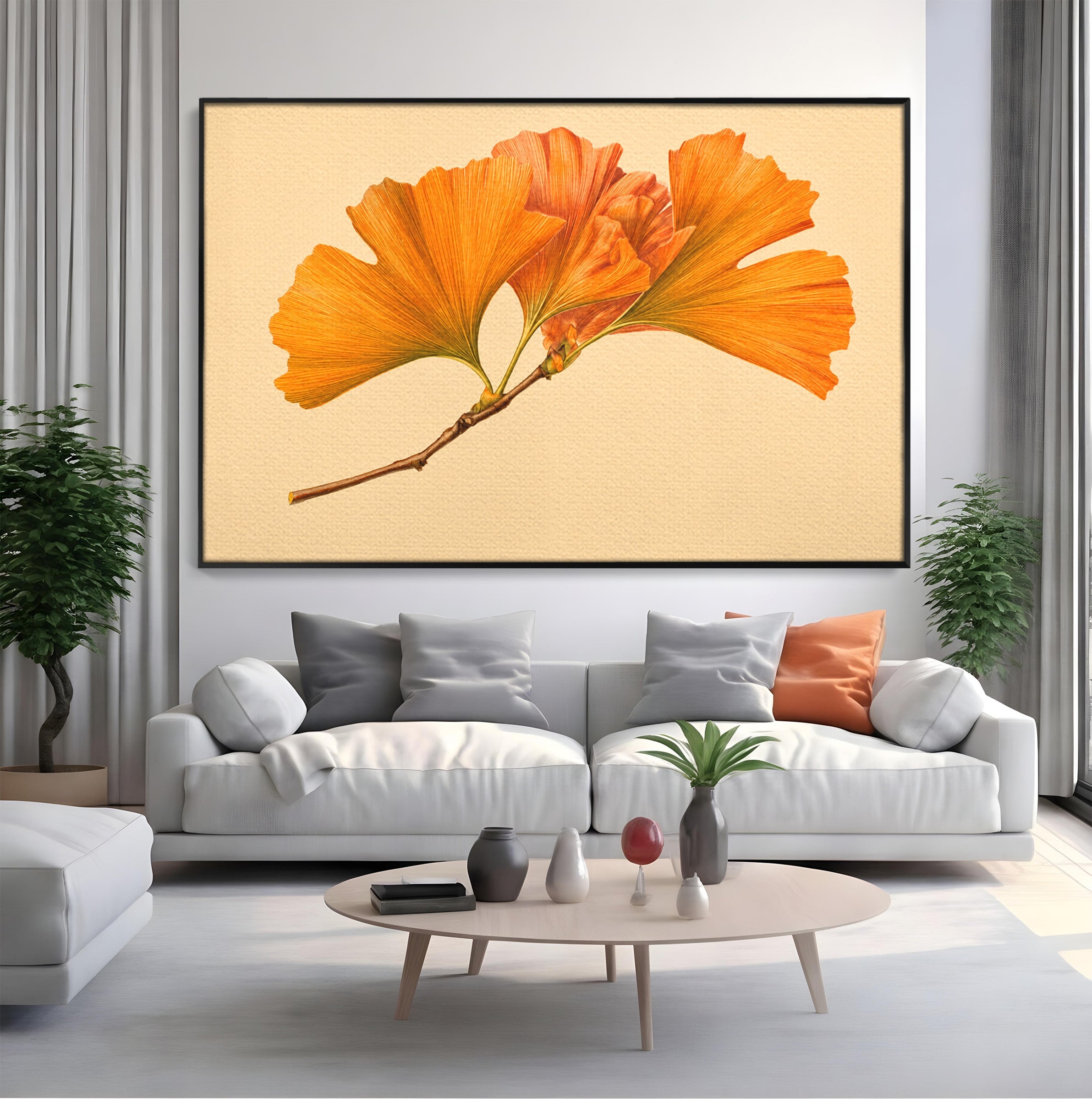 Tablou Canvas Premium LuxCanva® A1773, Frunze Gingko Portocalii, Frunze, Gingko, Natura, Minimalist, Dormitor, Culori Vibrante