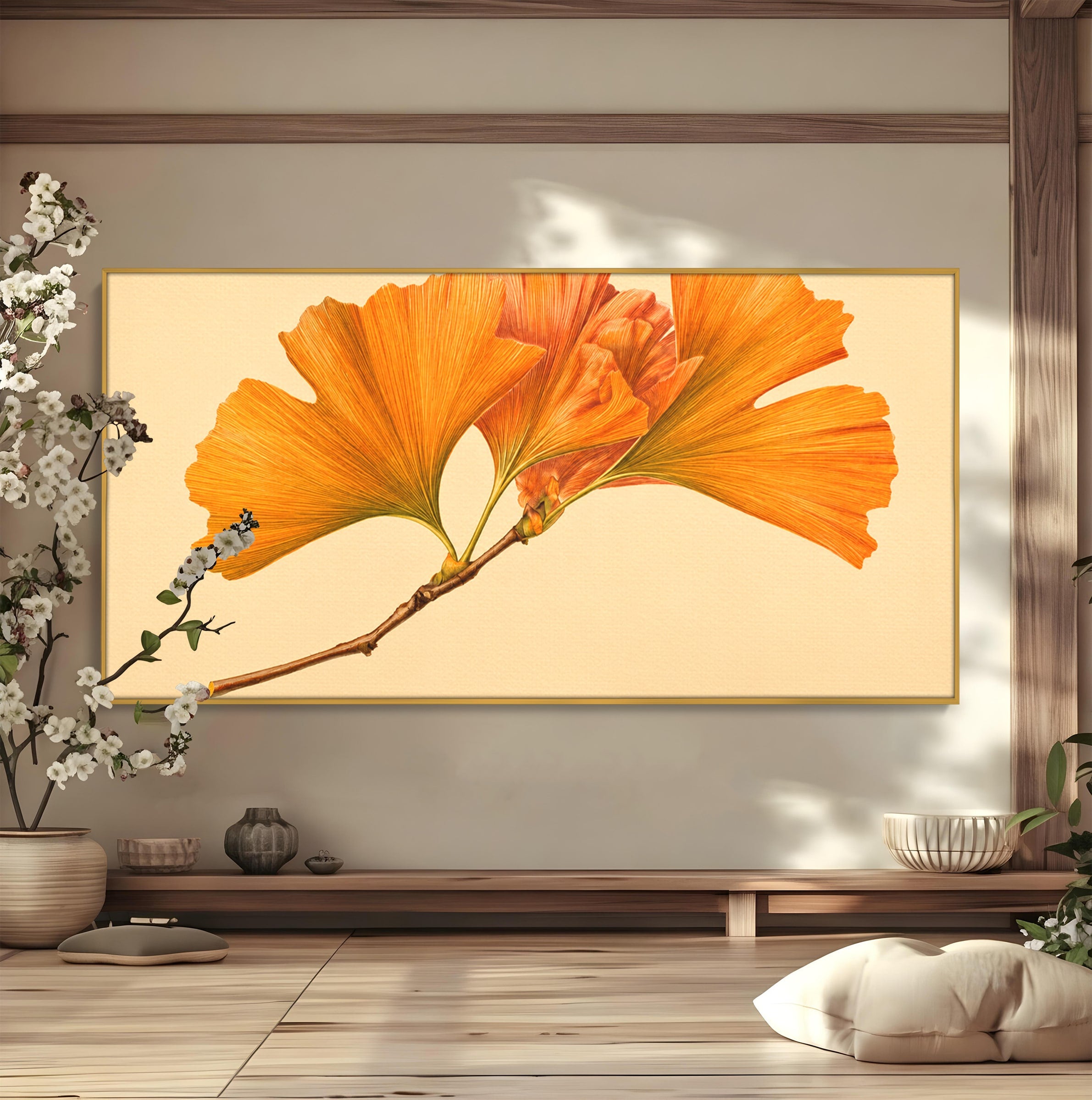 Tablou Canvas Premium LuxCanva® A1773, Frunze Gingko Portocalii, Frunze, Gingko, Natura, Minimalist, Dormitor, Culori Vibrante