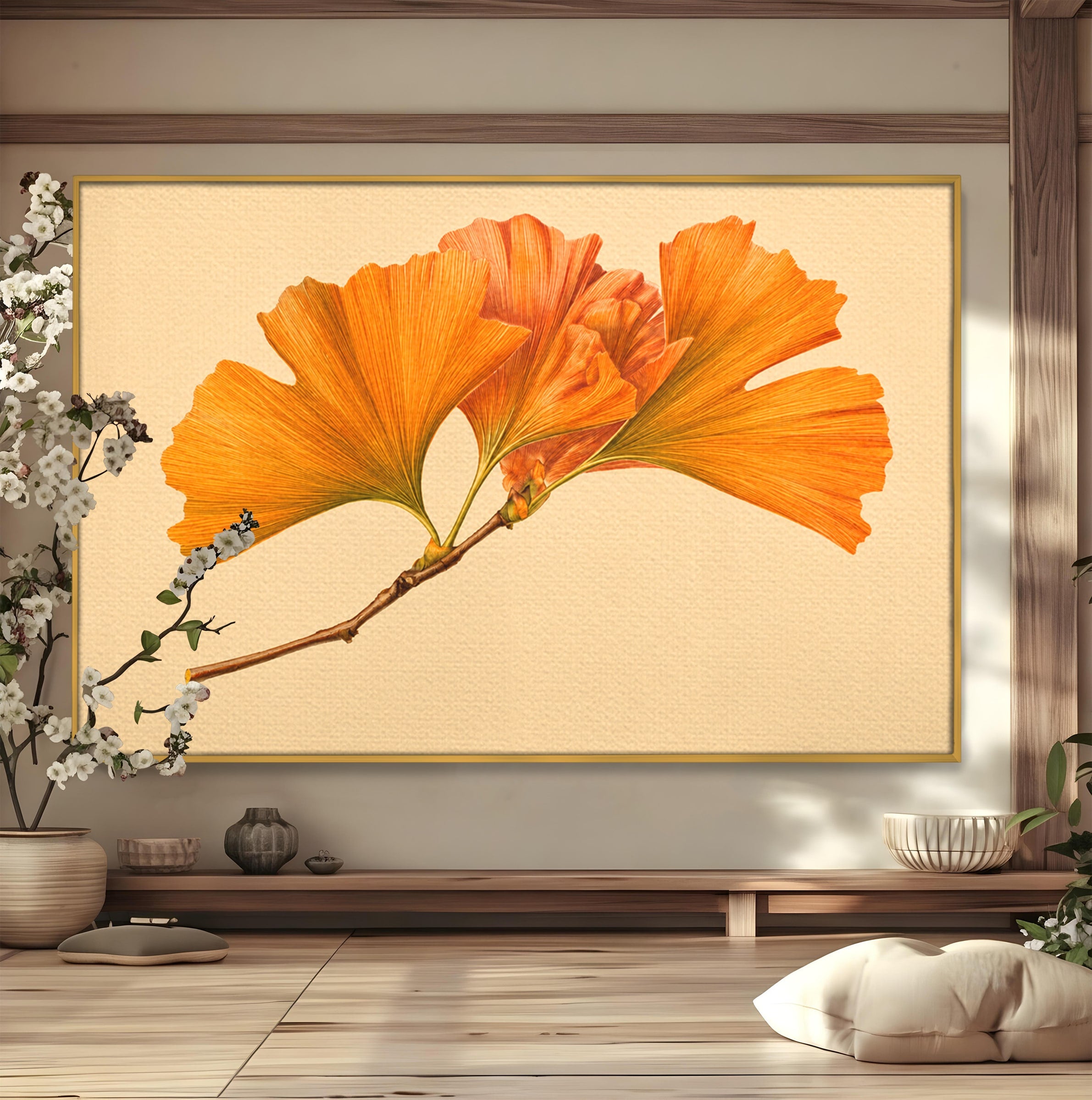 Tablou Canvas Premium LuxCanva® A1773, Frunze Gingko Portocalii, Frunze, Gingko, Natura, Minimalist, Dormitor, Culori Vibrante