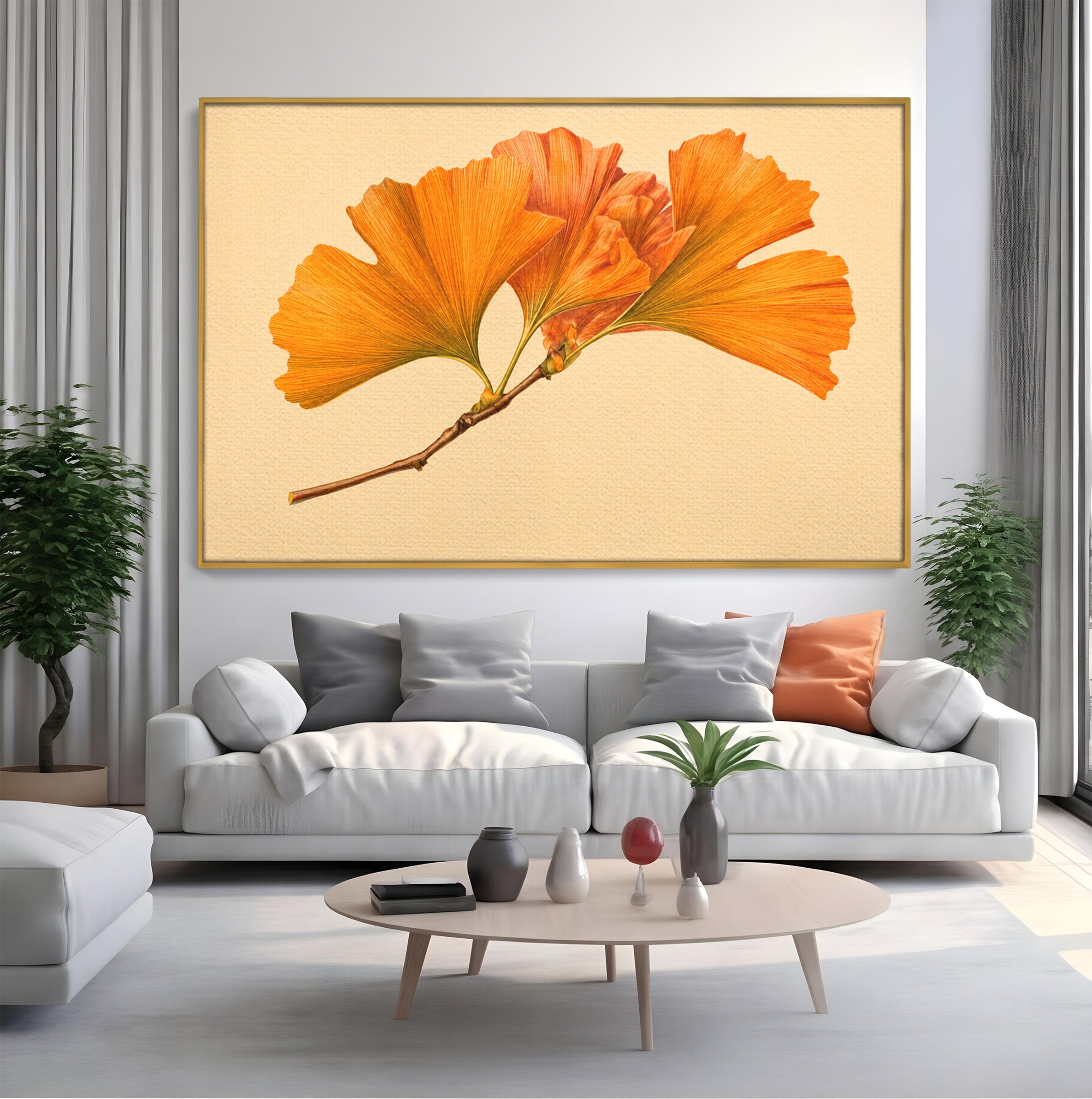Tablou Canvas Premium LuxCanva® A1773, Frunze Gingko Portocalii, Frunze, Gingko, Natura, Minimalist, Dormitor, Culori Vibrante