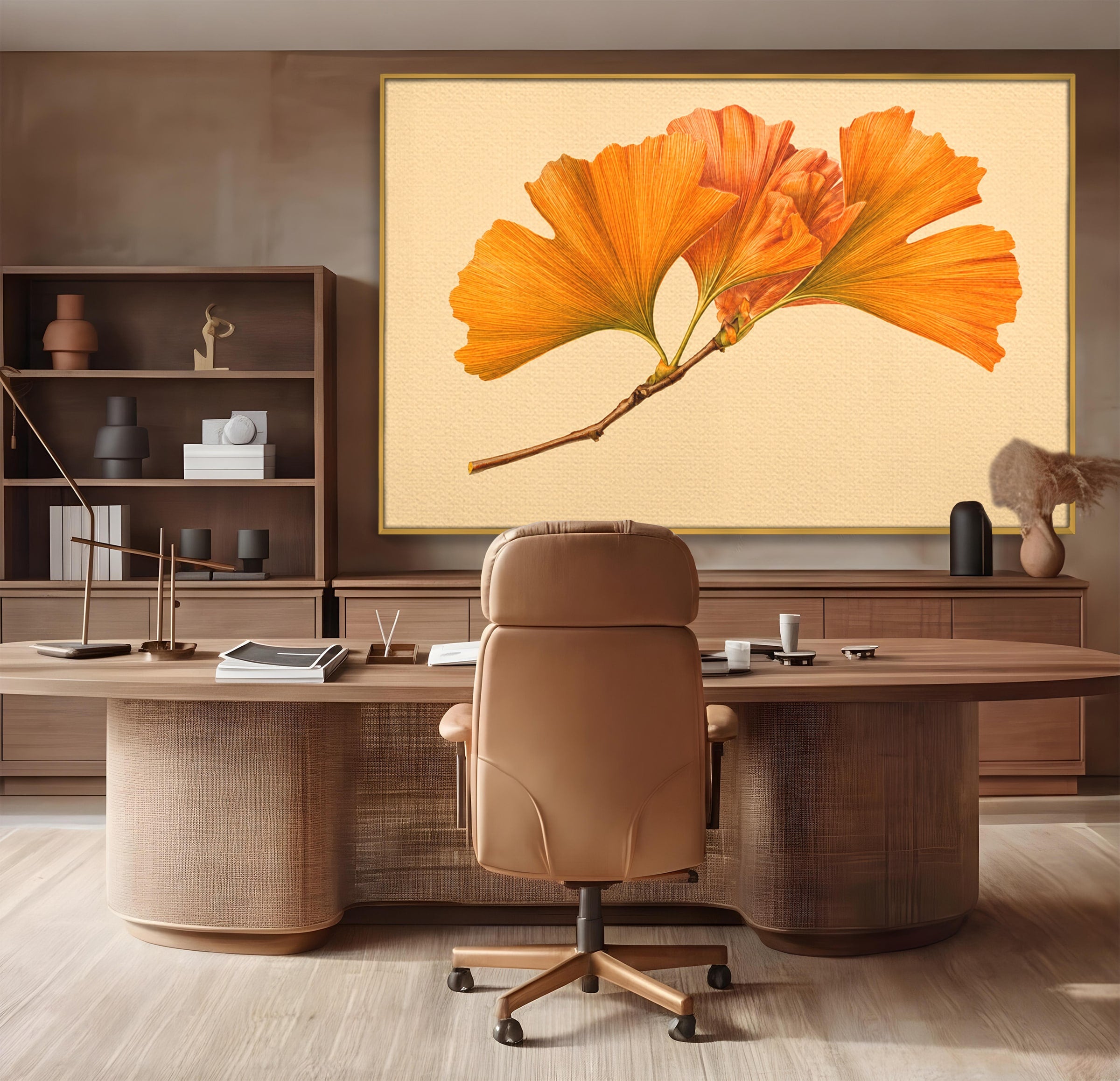 Tablou Canvas Premium LuxCanva® A1773, Frunze Gingko Portocalii, Frunze, Gingko, Natura, Minimalist, Dormitor, Culori Vibrante