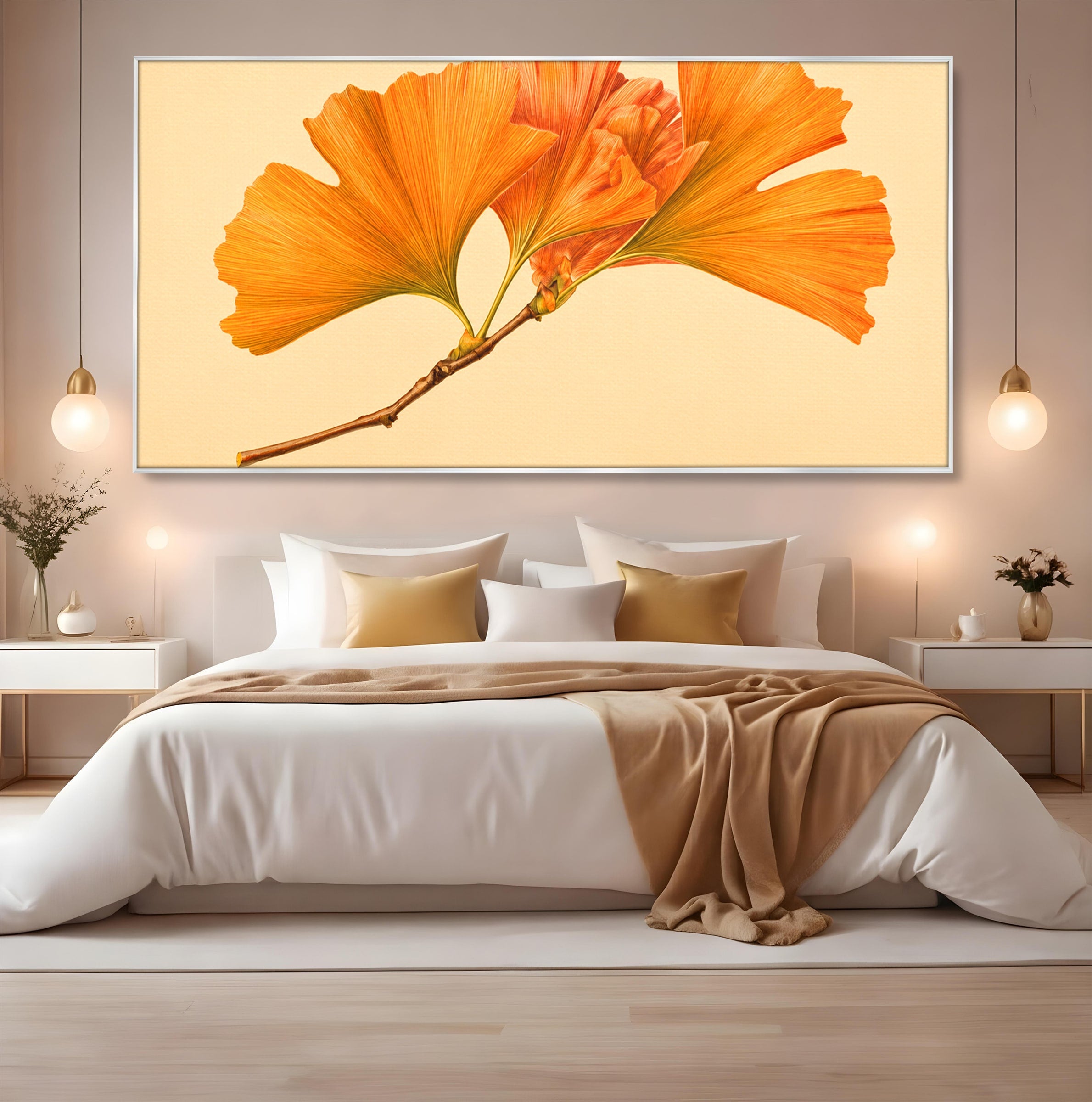 Tablou Canvas Premium LuxCanva® A1773, Frunze Gingko Portocalii, Frunze, Gingko, Natura, Minimalist, Dormitor, Culori Vibrante