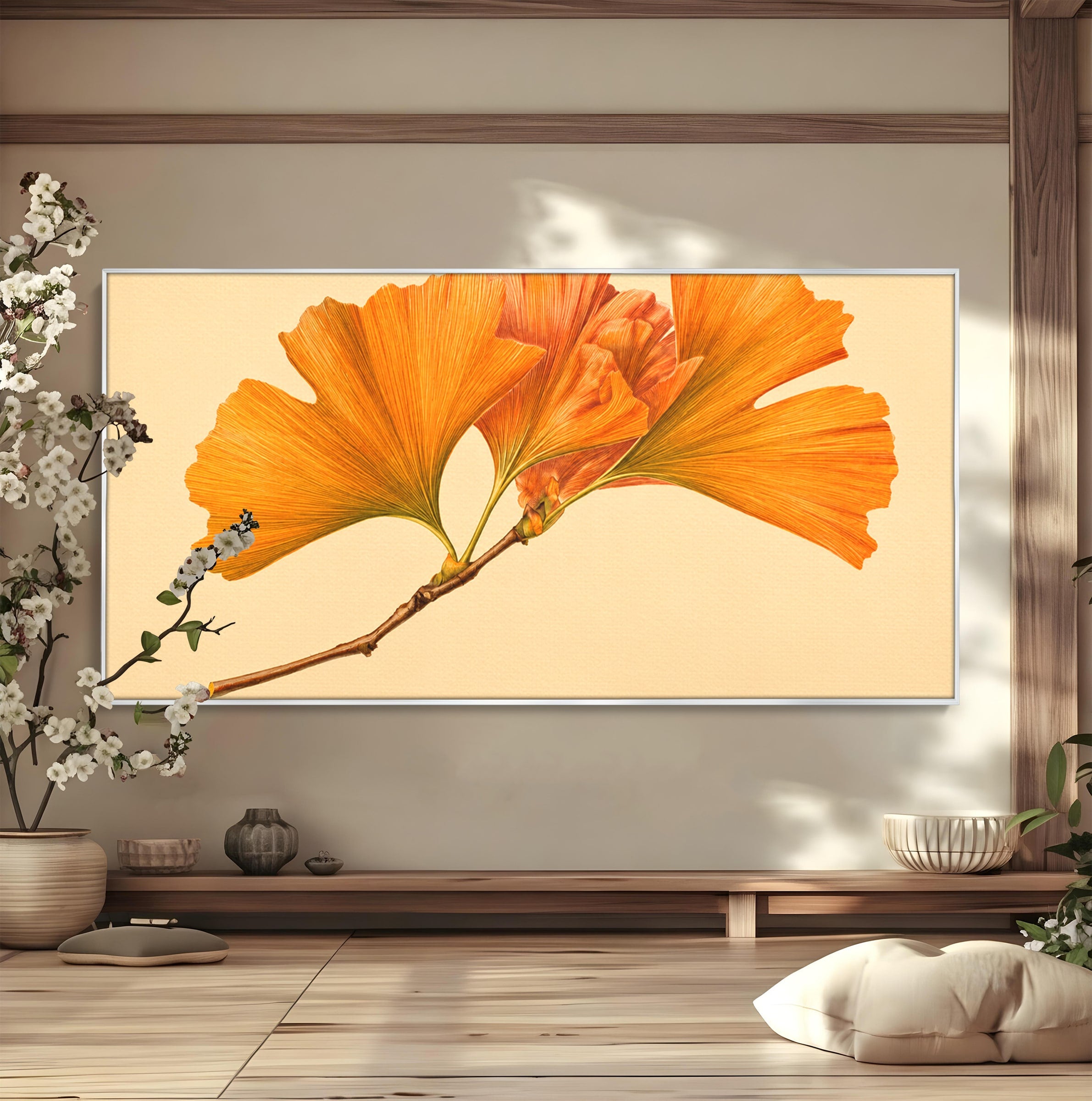 Tablou Canvas Premium LuxCanva® A1773, Frunze Gingko Portocalii, Frunze, Gingko, Natura, Minimalist, Dormitor, Culori Vibrante