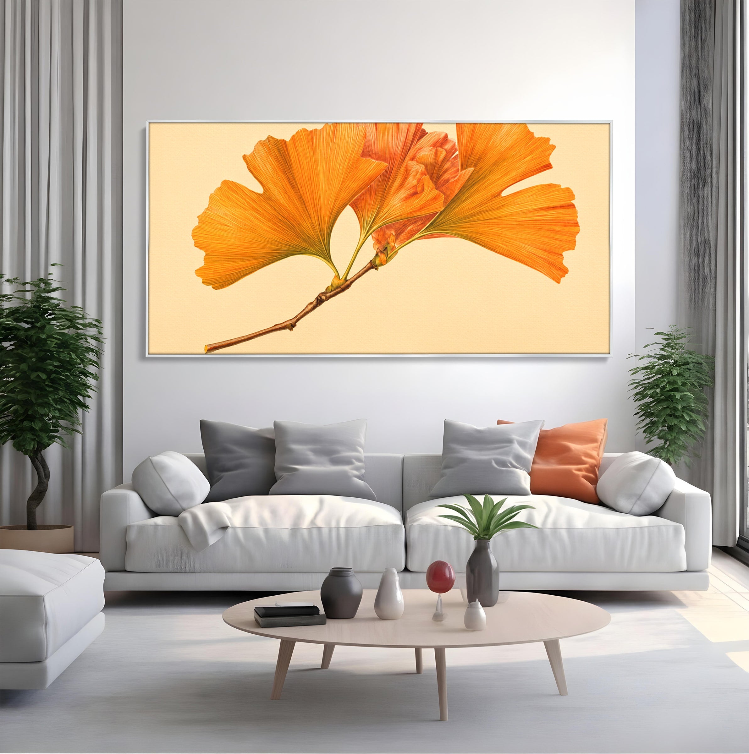 Tablou Canvas Premium LuxCanva® A1773, Frunze Gingko Portocalii, Frunze, Gingko, Natura, Minimalist, Dormitor, Culori Vibrante