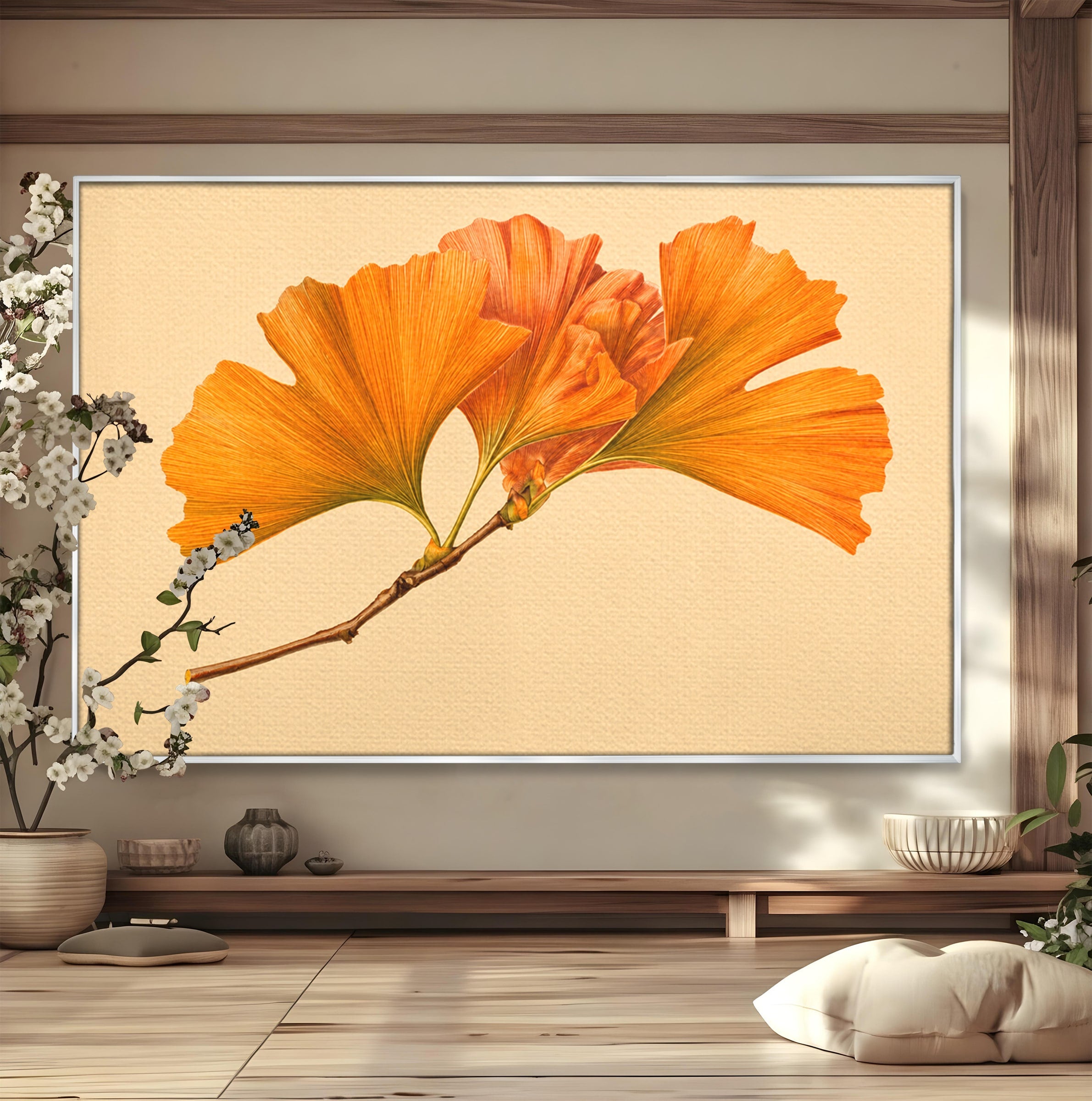 Tablou Canvas Premium LuxCanva® A1773, Frunze Gingko Portocalii, Frunze, Gingko, Natura, Minimalist, Dormitor, Culori Vibrante