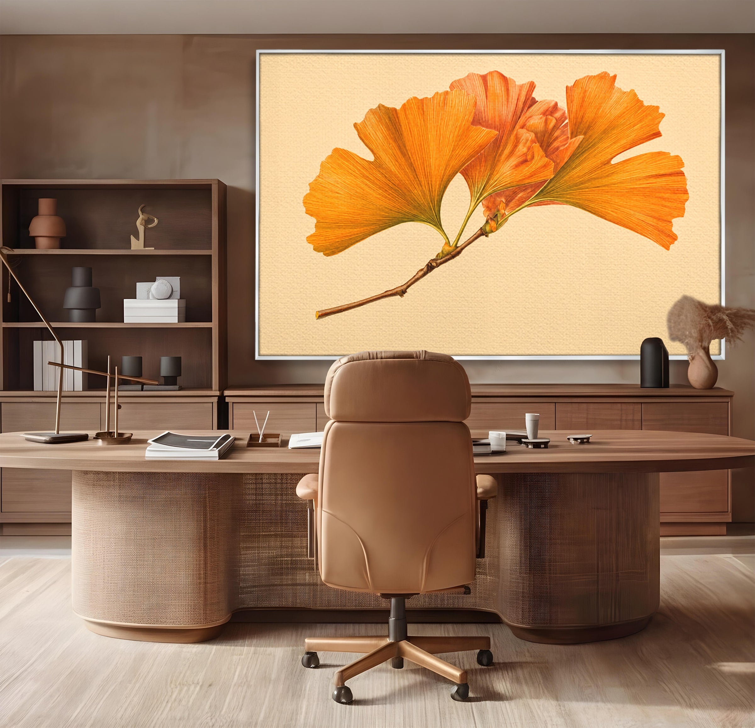Tablou Canvas Premium LuxCanva® A1773, Frunze Gingko Portocalii, Frunze, Gingko, Natura, Minimalist, Dormitor, Culori Vibrante