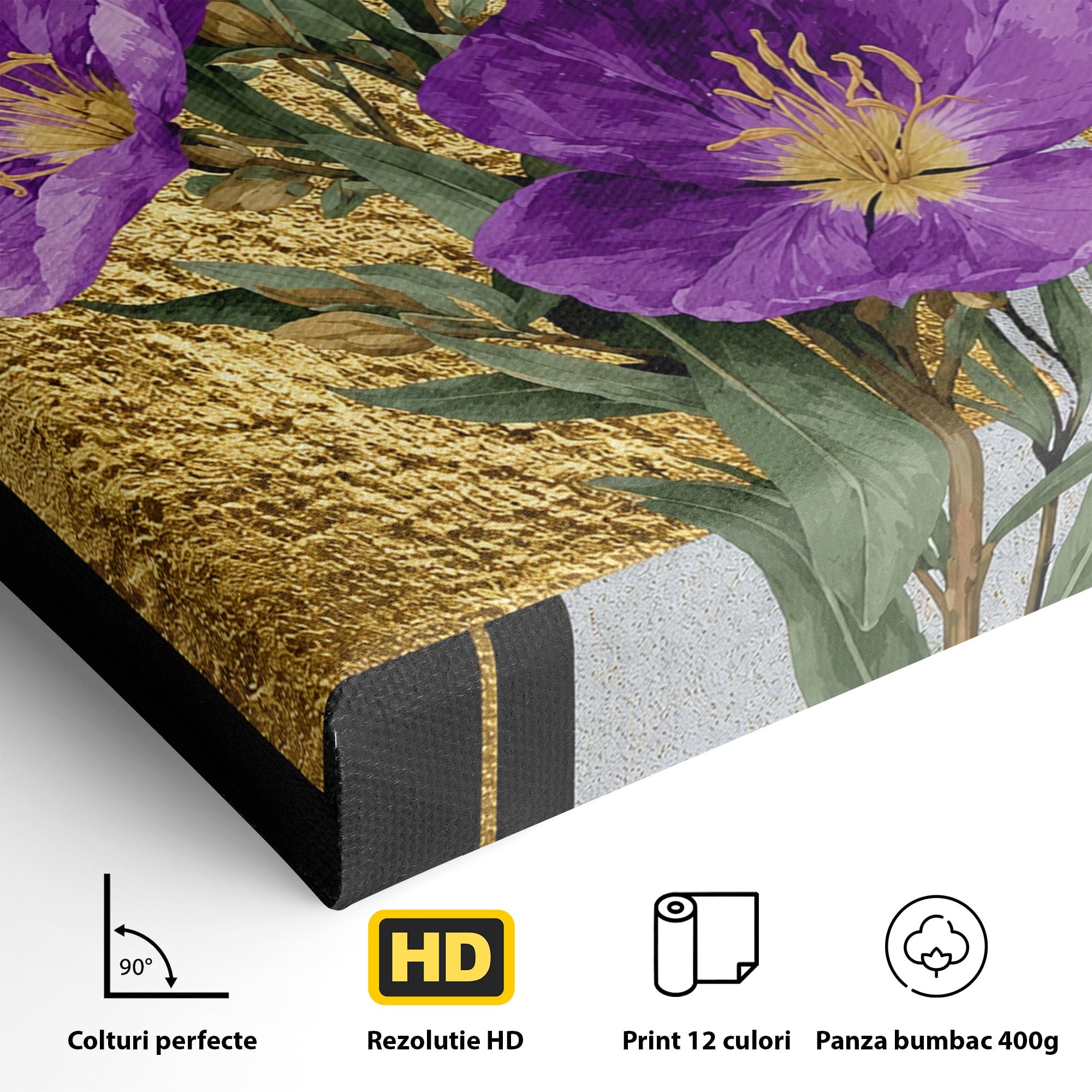 Tablou Canvas Premium LuxCanva® A1774, Flori Aurii si Mov, Flori, Auriu, Mov, Living, Dormitor, Culori Vibrante
