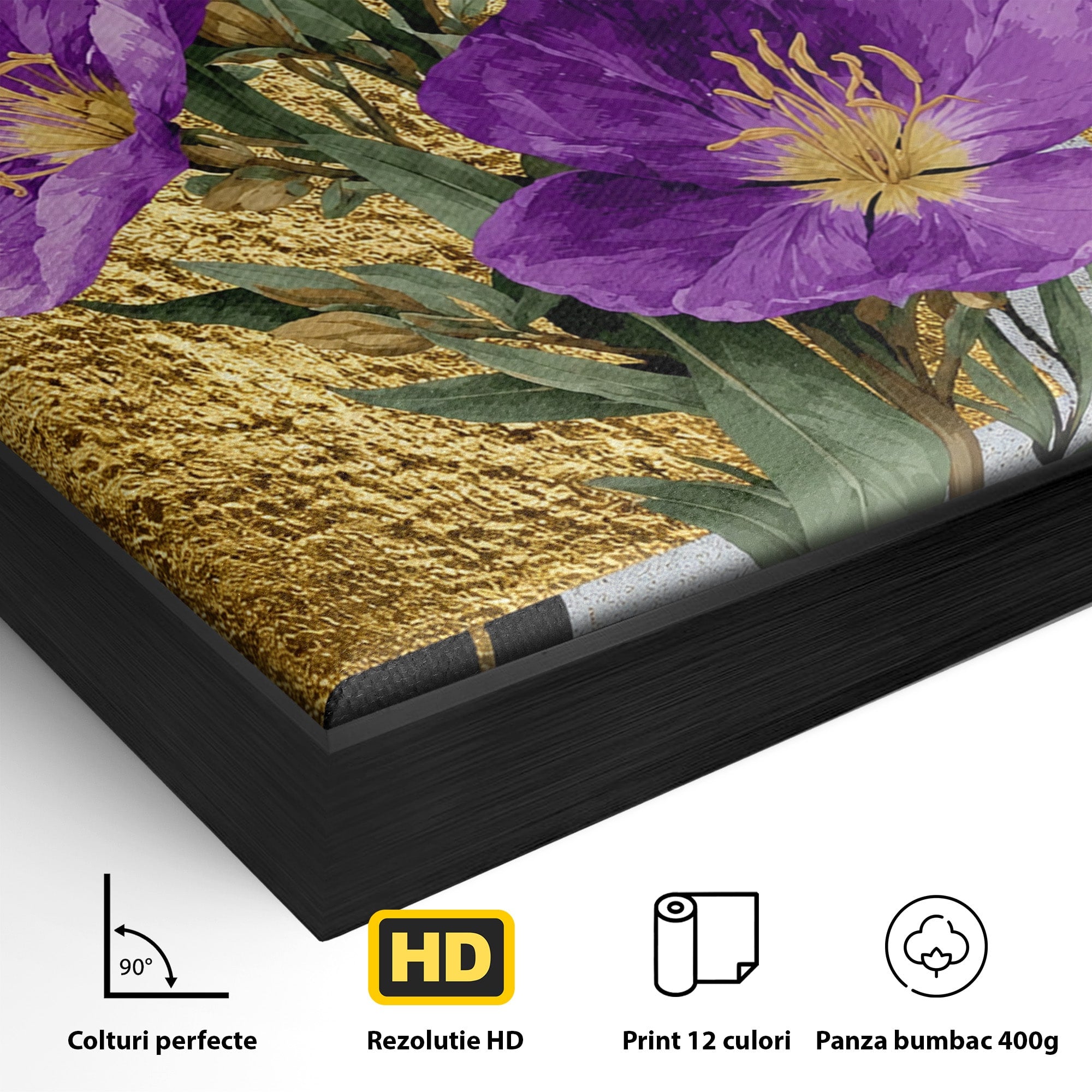 Tablou Canvas Premium LuxCanva® A1774, Flori Aurii si Mov, Flori, Auriu, Mov, Living, Dormitor, Culori Vibrante