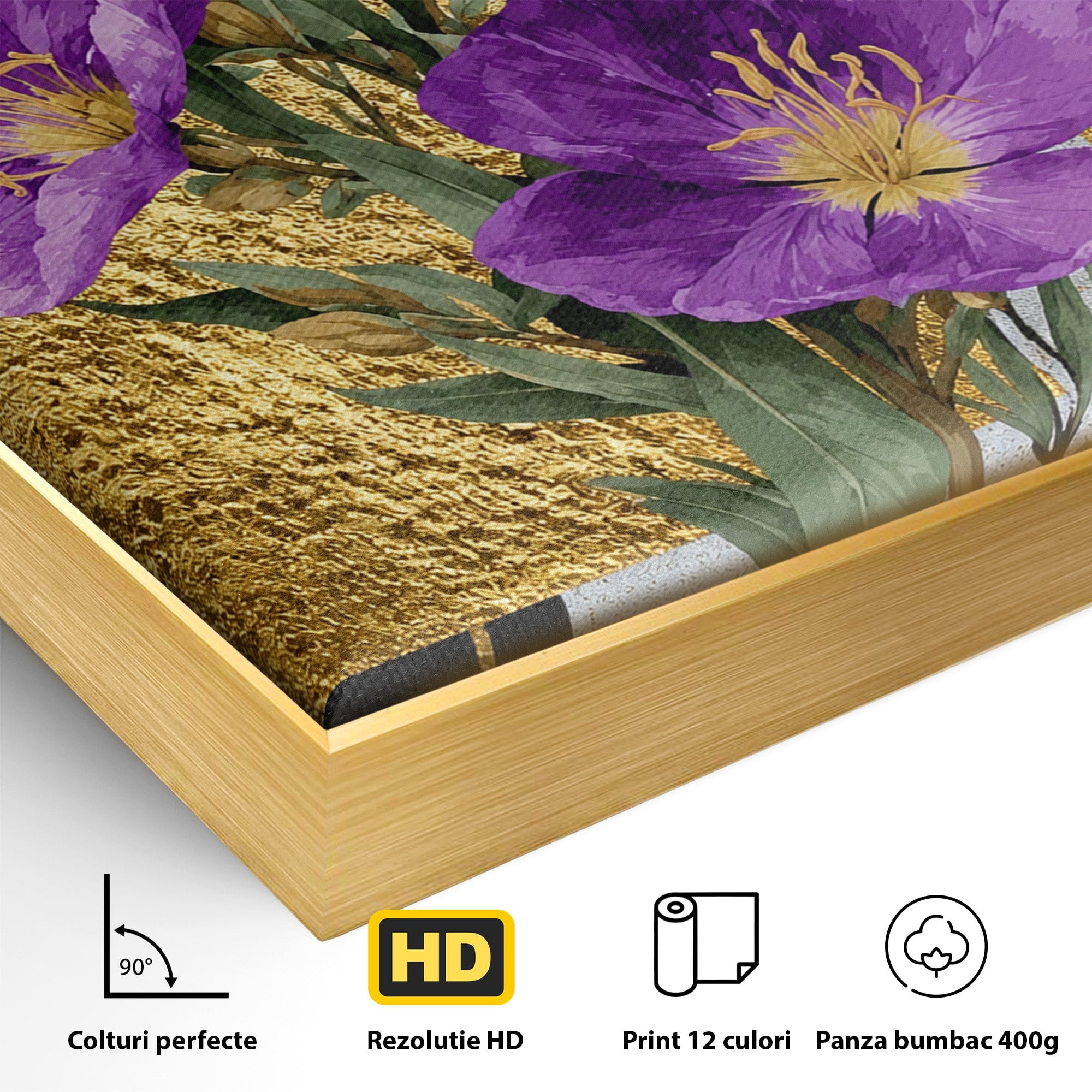 Tablou Canvas Premium LuxCanva® A1774, Flori Aurii si Mov, Flori, Auriu, Mov, Living, Dormitor, Culori Vibrante