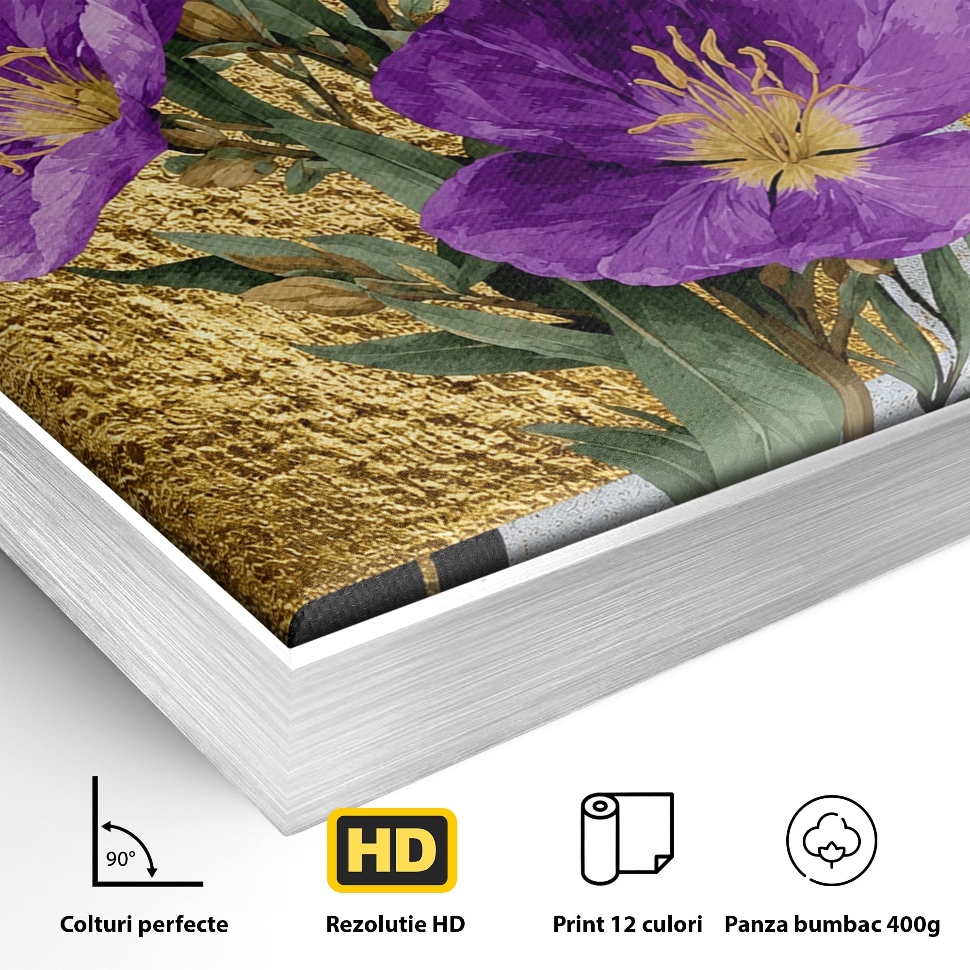 Tablou Canvas Premium LuxCanva® A1774, Flori Aurii si Mov, Flori, Auriu, Mov, Living, Dormitor, Culori Vibrante