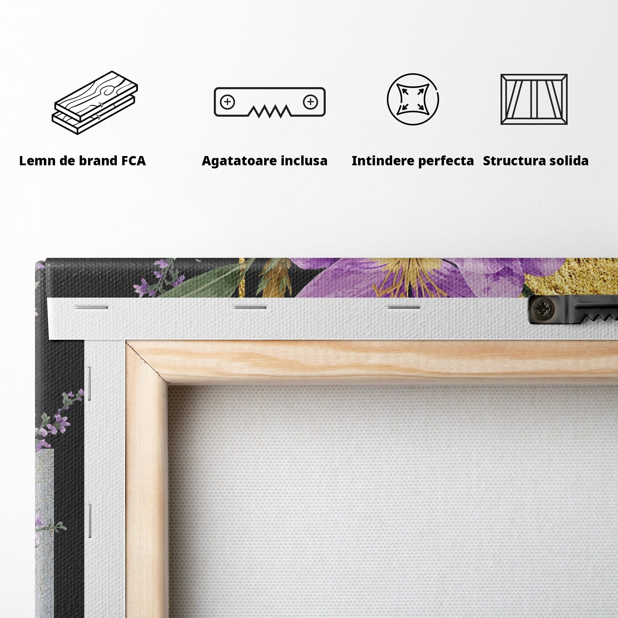 Tablou Canvas Premium LuxCanva® A1774, Flori Aurii si Mov, Flori, Auriu, Mov, Living, Dormitor, Culori Vibrante