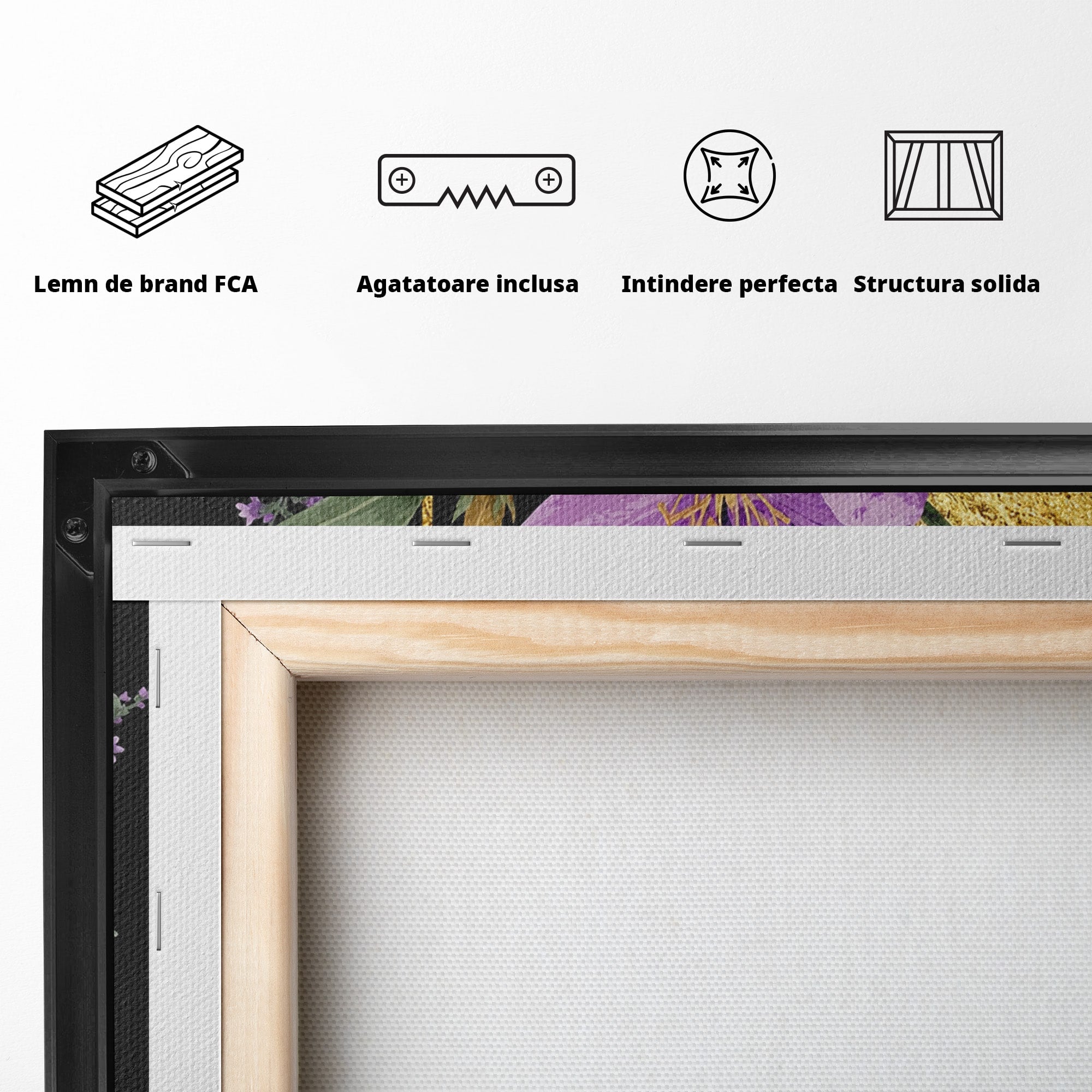 Tablou Canvas Premium LuxCanva® A1774, Flori Aurii si Mov, Flori, Auriu, Mov, Living, Dormitor, Culori Vibrante