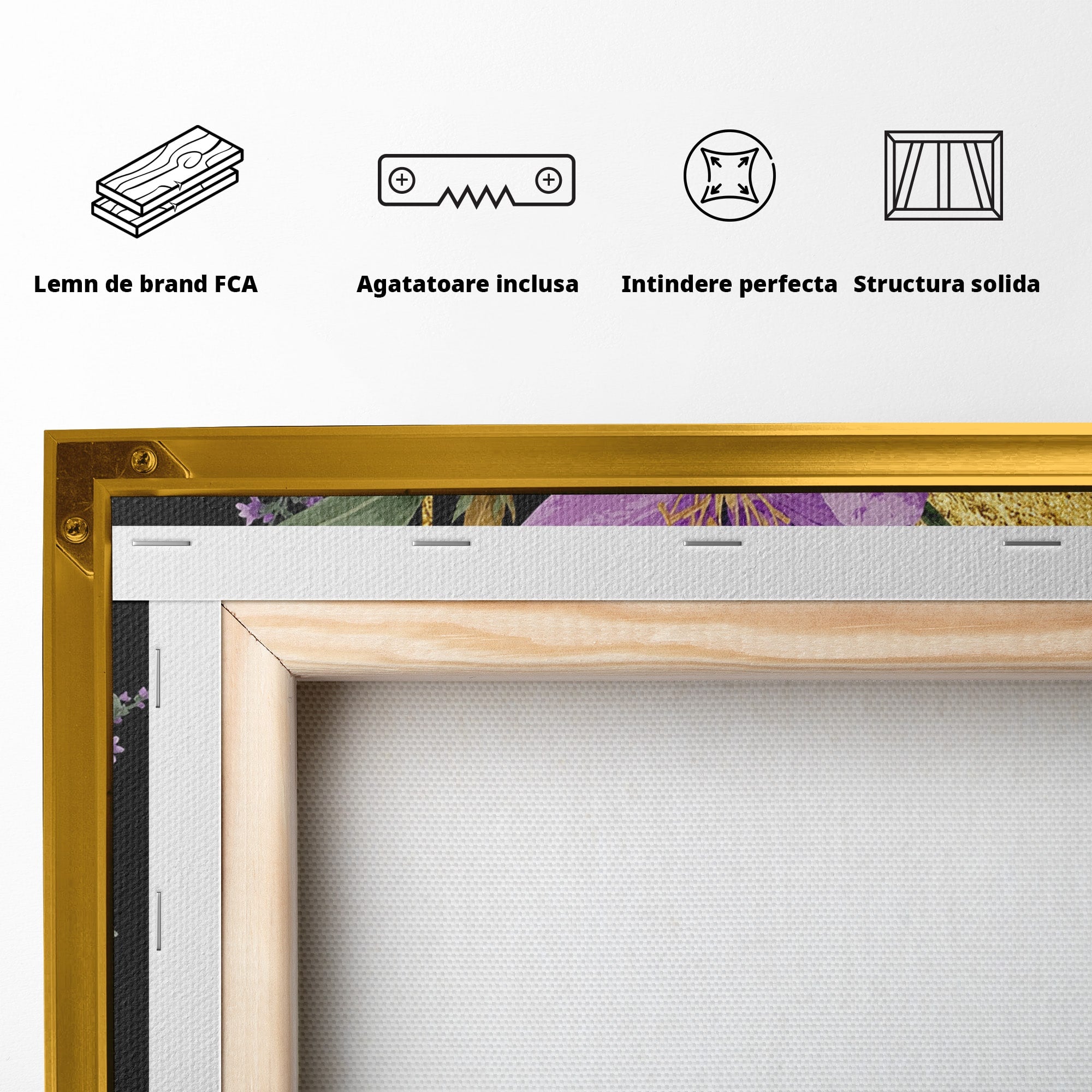 Tablou Canvas Premium LuxCanva® A1774, Flori Aurii si Mov, Flori, Auriu, Mov, Living, Dormitor, Culori Vibrante