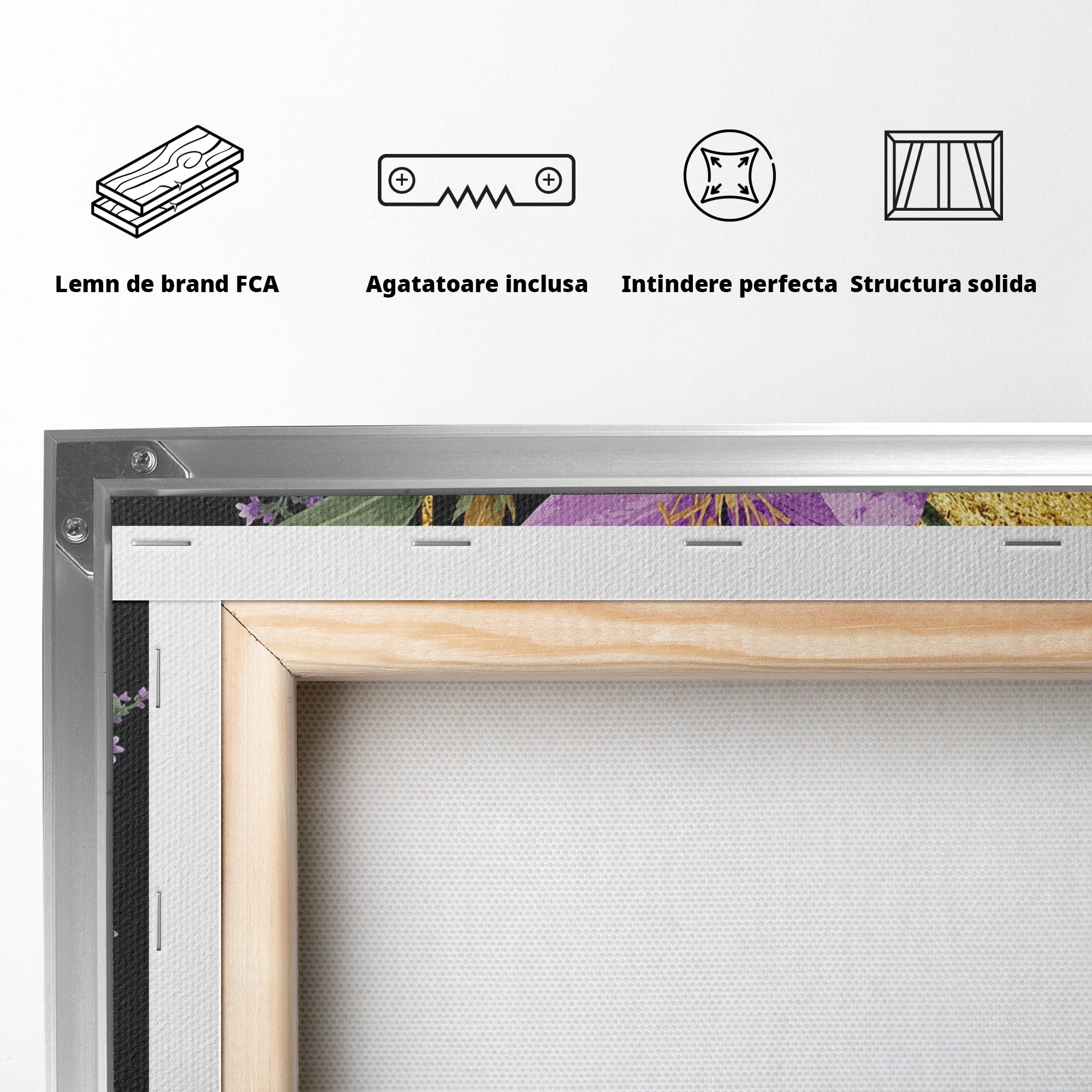 Tablou Canvas Premium LuxCanva® A1774, Flori Aurii si Mov, Flori, Auriu, Mov, Living, Dormitor, Culori Vibrante