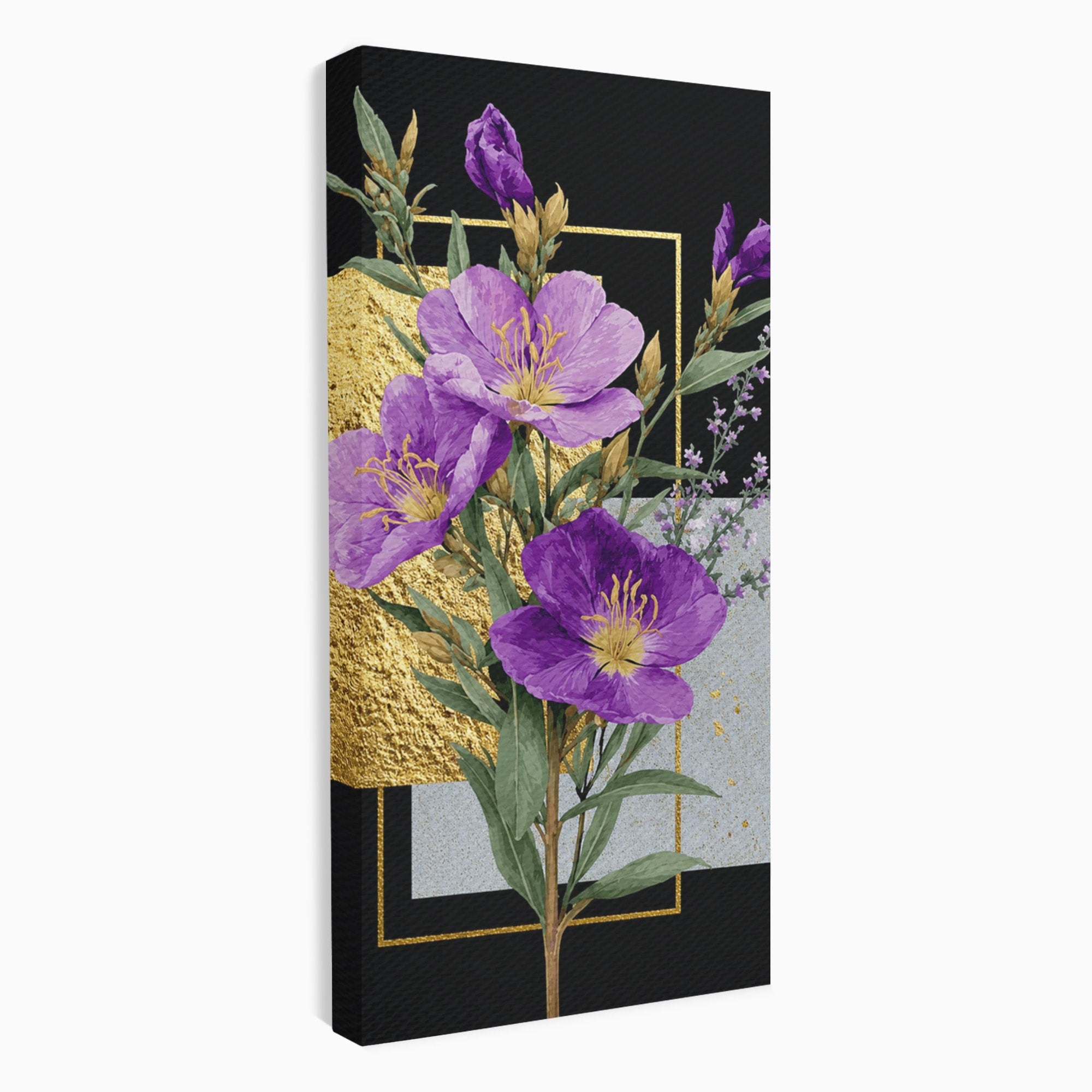 Tablou Canvas Premium LuxCanva® A1774, Flori Aurii si Mov, Flori, Auriu, Mov, Living, Dormitor, Culori Vibrante