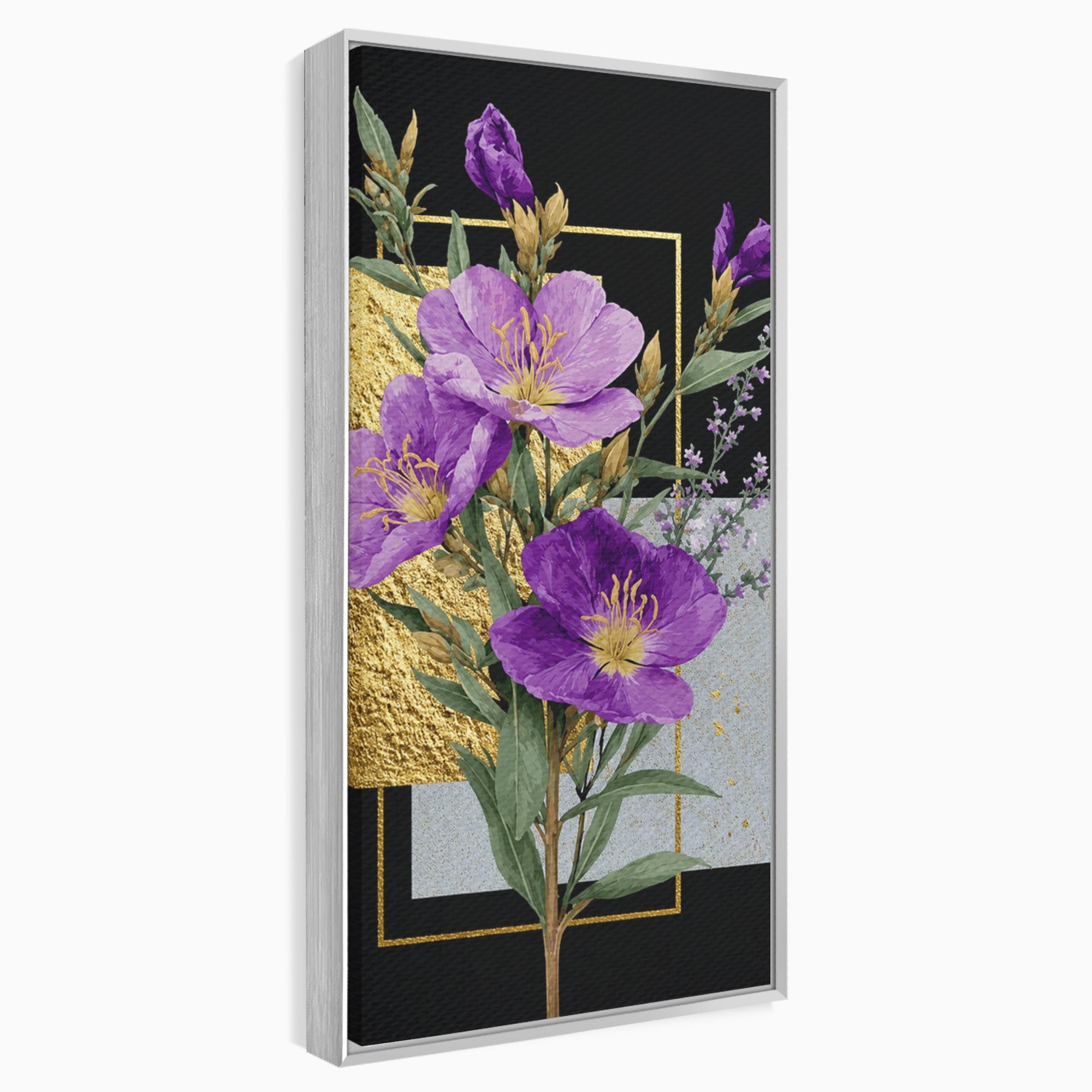 Tablou Canvas Premium LuxCanva® A1774, Flori Aurii si Mov, Flori, Auriu, Mov, Living, Dormitor, Culori Vibrante