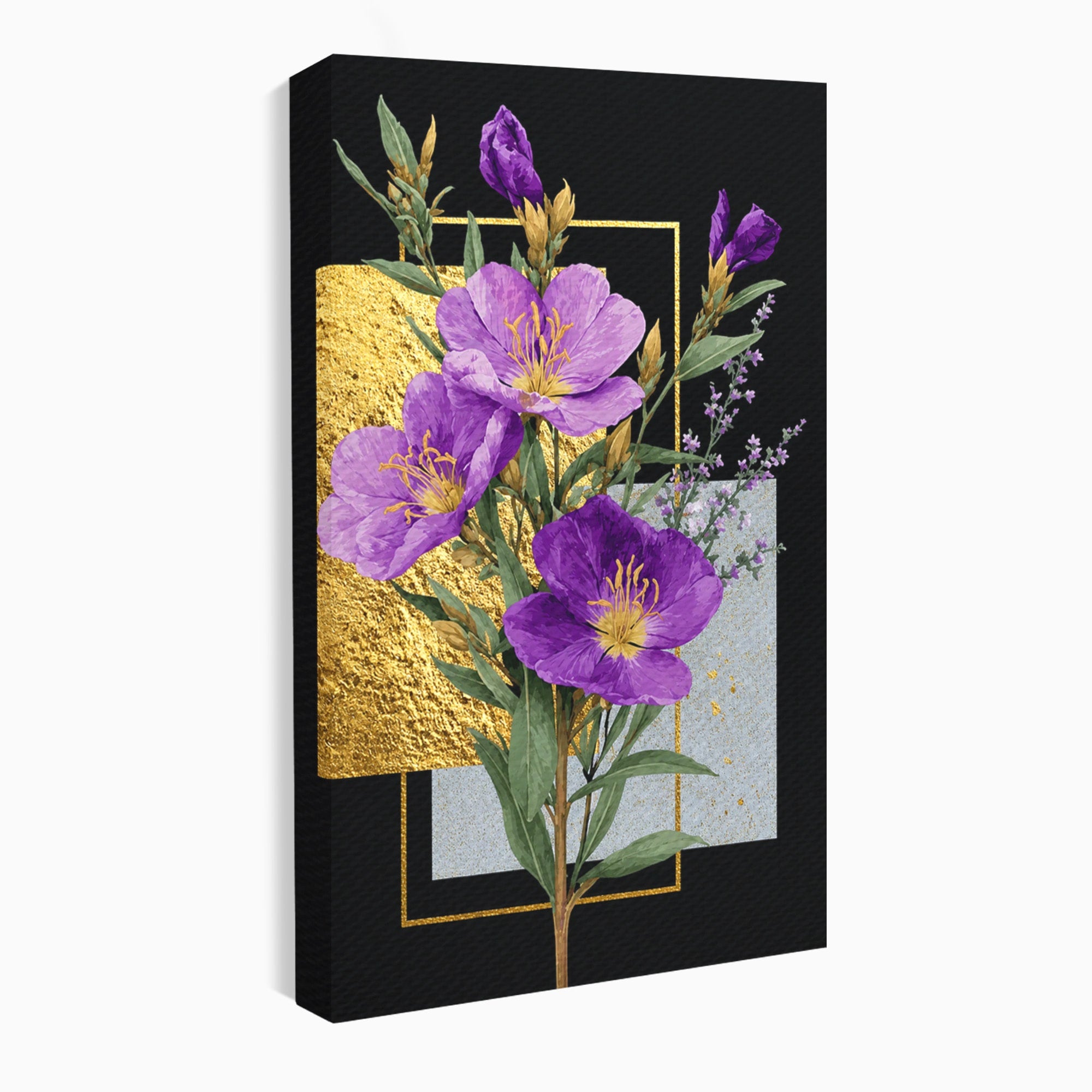 Tablou Canvas Premium LuxCanva® A1774, Flori Aurii si Mov, Flori, Auriu, Mov, Living, Dormitor, Culori Vibrante