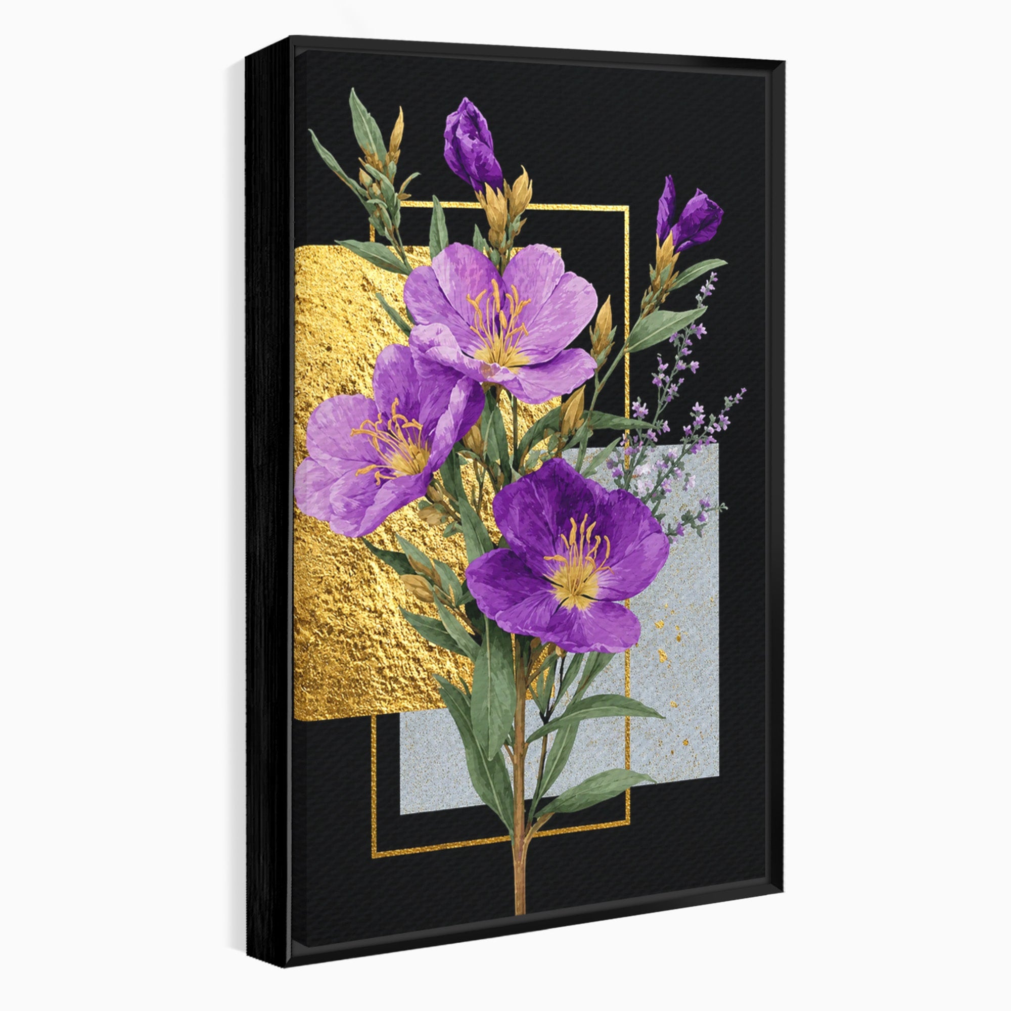 Tablou Canvas Premium LuxCanva® A1774, Flori Aurii si Mov, Flori, Auriu, Mov, Living, Dormitor, Culori Vibrante