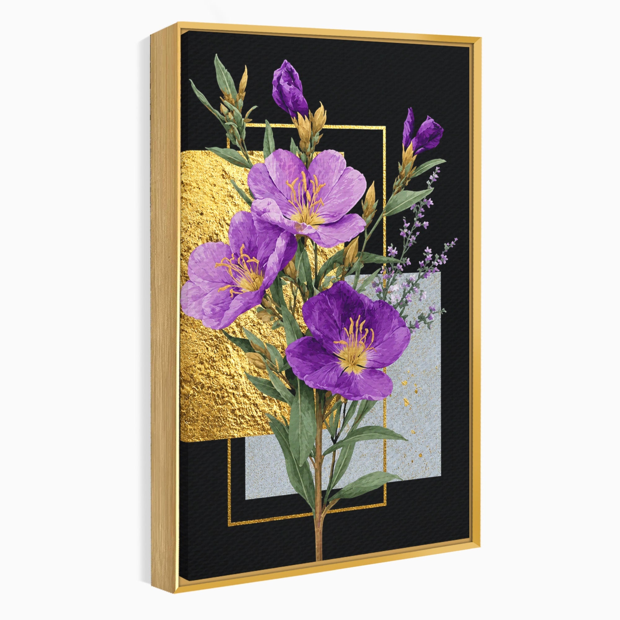 Tablou Canvas Premium LuxCanva® A1774, Flori Aurii si Mov, Flori, Auriu, Mov, Living, Dormitor, Culori Vibrante