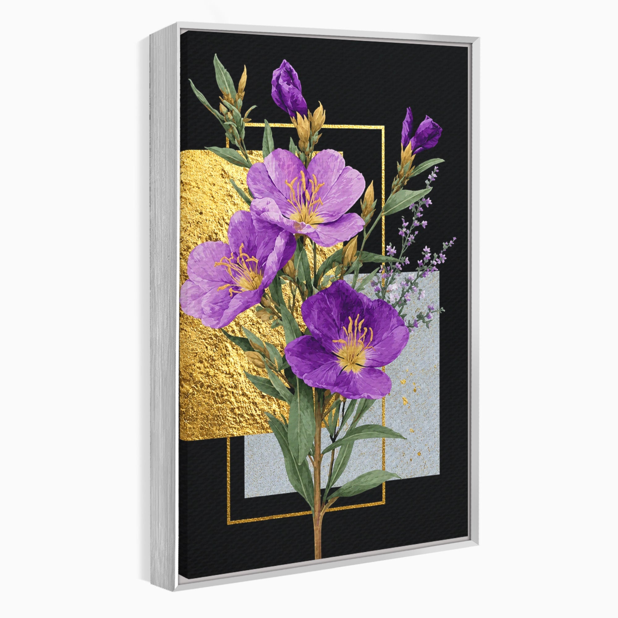 Tablou Canvas Premium LuxCanva® A1774, Flori Aurii si Mov, Flori, Auriu, Mov, Living, Dormitor, Culori Vibrante